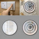 A collage of images showcases a person pressing a light switch and three circular Reflex Silver Mirror LED 3D Wall Art pieces by Giant Sculptures. The top right mirror sits on marble, while the rest adorn plain walls, creating an intriguing 3D effect with abstract light patterns.