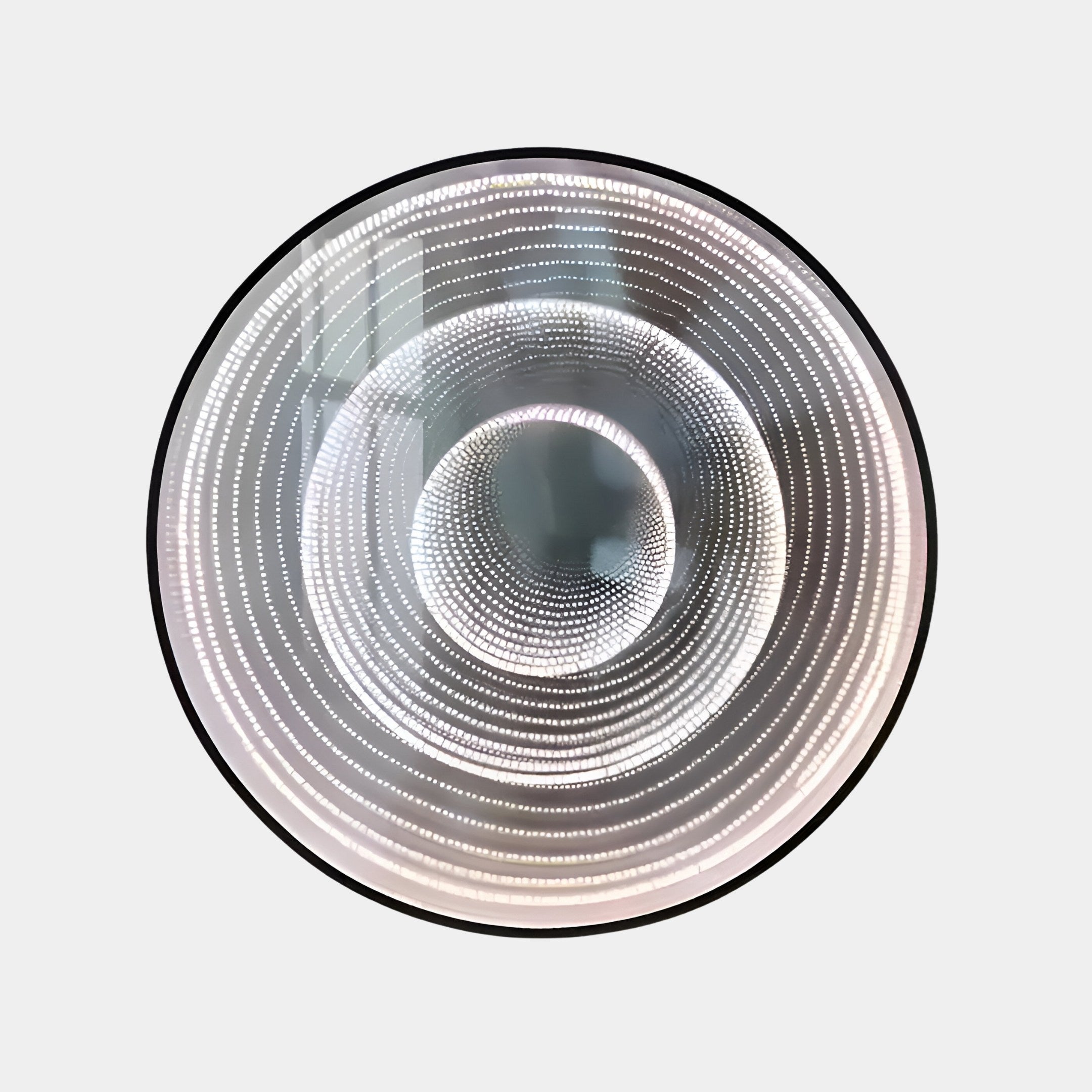 Giant Sculptures Reflex Silver Mirror LED 3D Wall Art features a circular design with concentric rings of bright lights that resemble a tunnel or vortex, offering a modern, futuristic touch to home decor with its reflective mirror finish on a plain background.