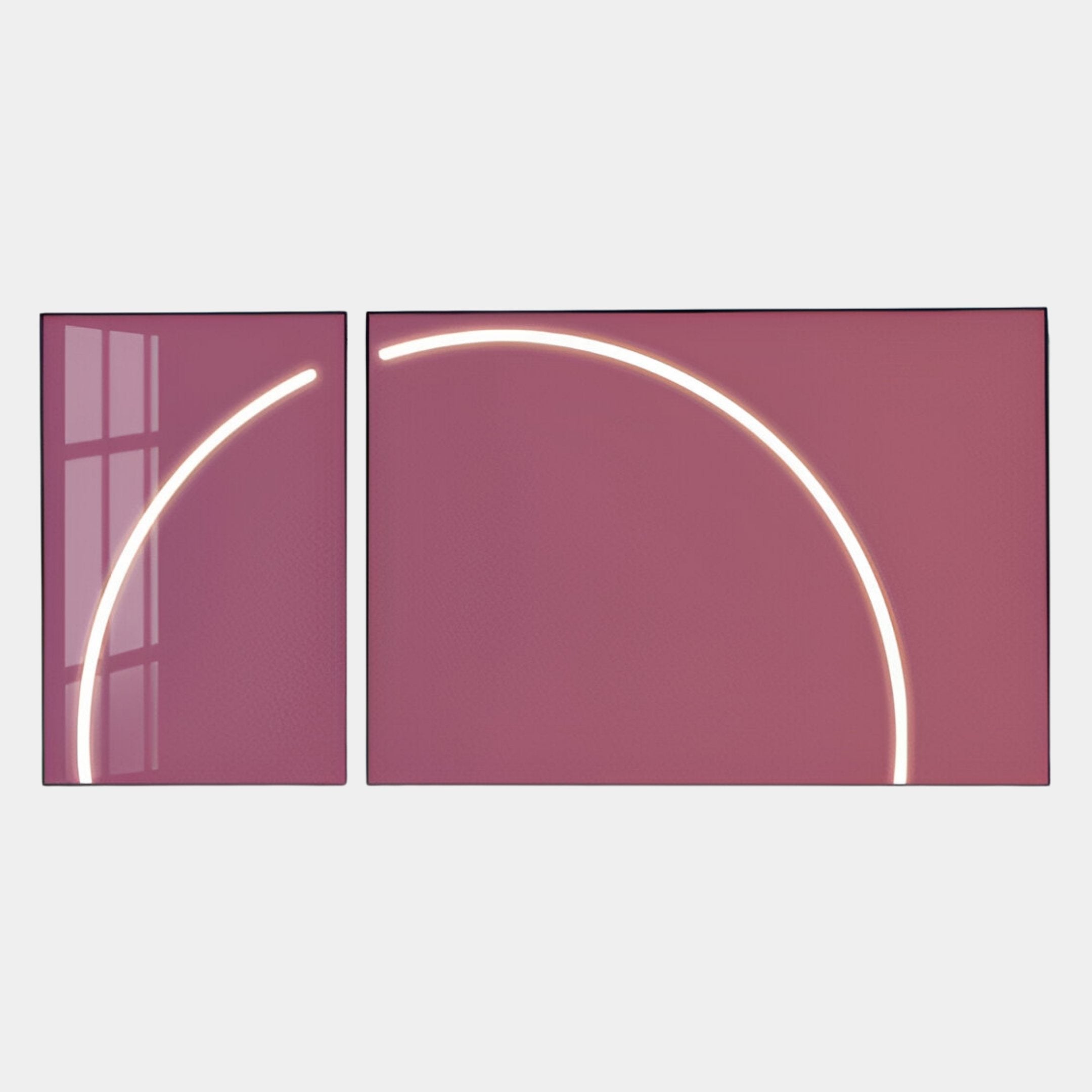 The Enigma Rosewood Glow LED Wall Art by Giant Sculptures features two mauve rectangular panels with a white neon arc forming part of a circle, emitting a soft Rosewood Glow and showcasing contemporary style with subtle window reflections.