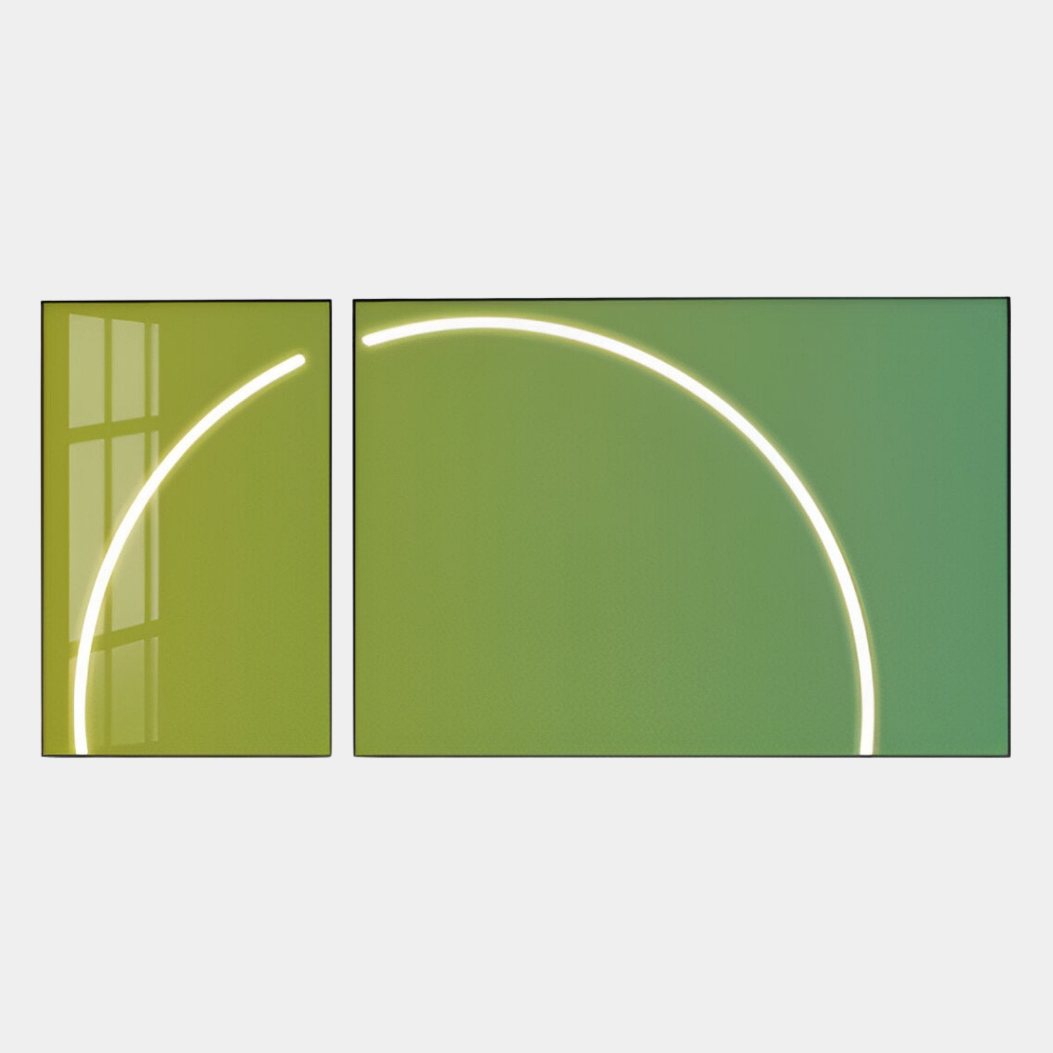 The Enigma Lime Jade LED Wall Art by Giant Sculptures features two rectangular panels with a green gradient and yellow background, each highlighted by white curved light arcs for an ambient lighting effect.