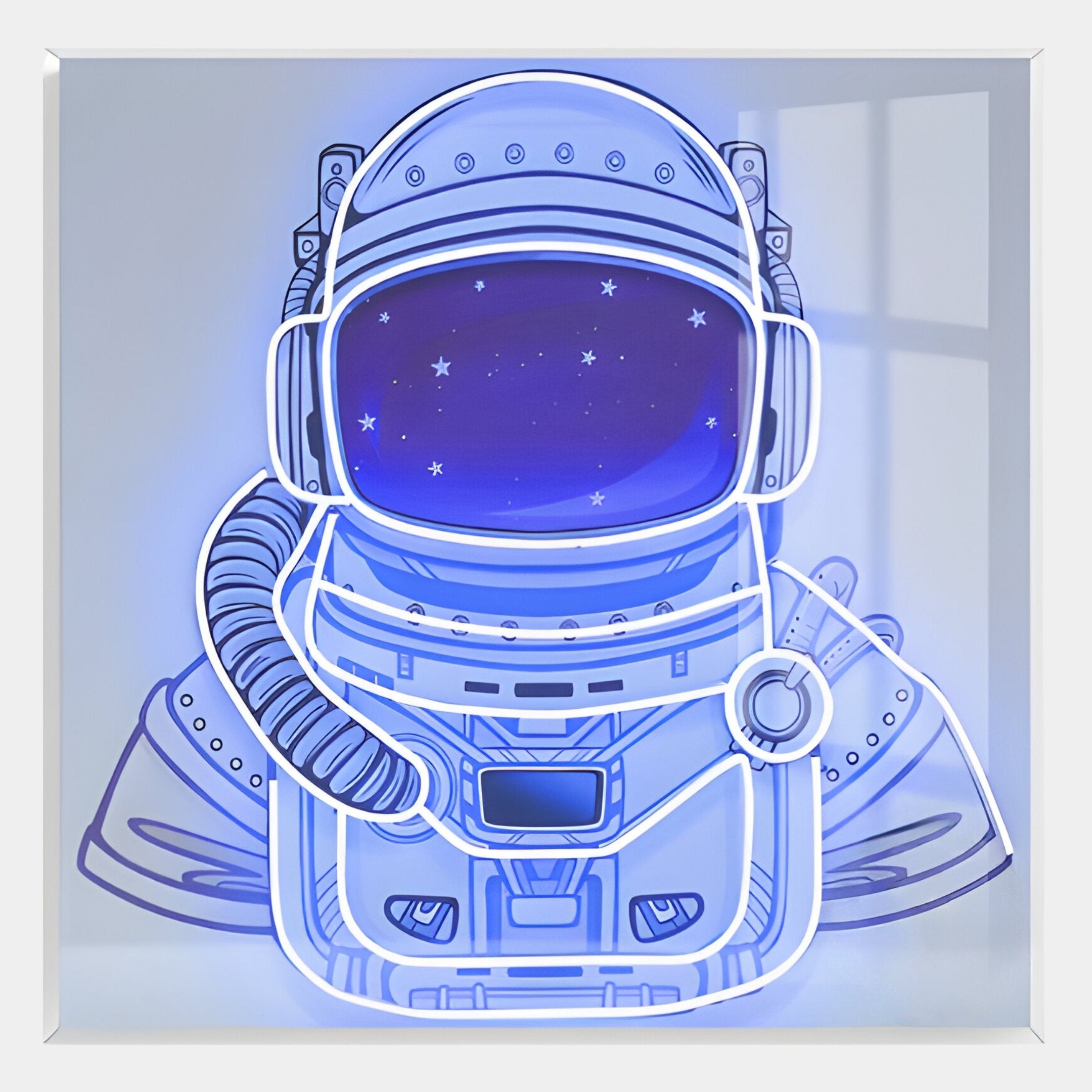 The Stellar Electric Sapphire Acrylic 3D LED Wall Art by Giant Sculptures features a neon-style astronaut suit with a reflective helmet showing a starry night, set against a light background—ideal for modern spaces.