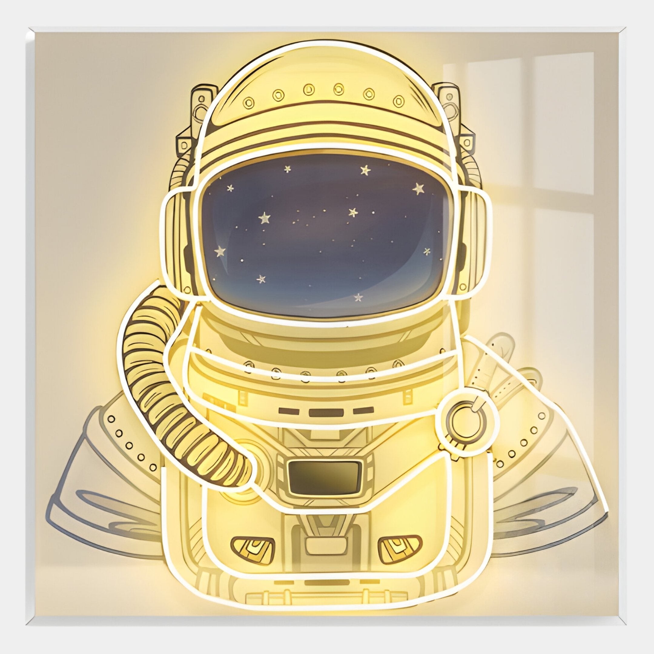 The Giant Sculptures Stellar Auric Gold Acrylic 3D LED Wall Art features a neon-style astronaut helmet with gold accents and a dark visor with star details, set against a light background—an eye-catching piece for any space lover.