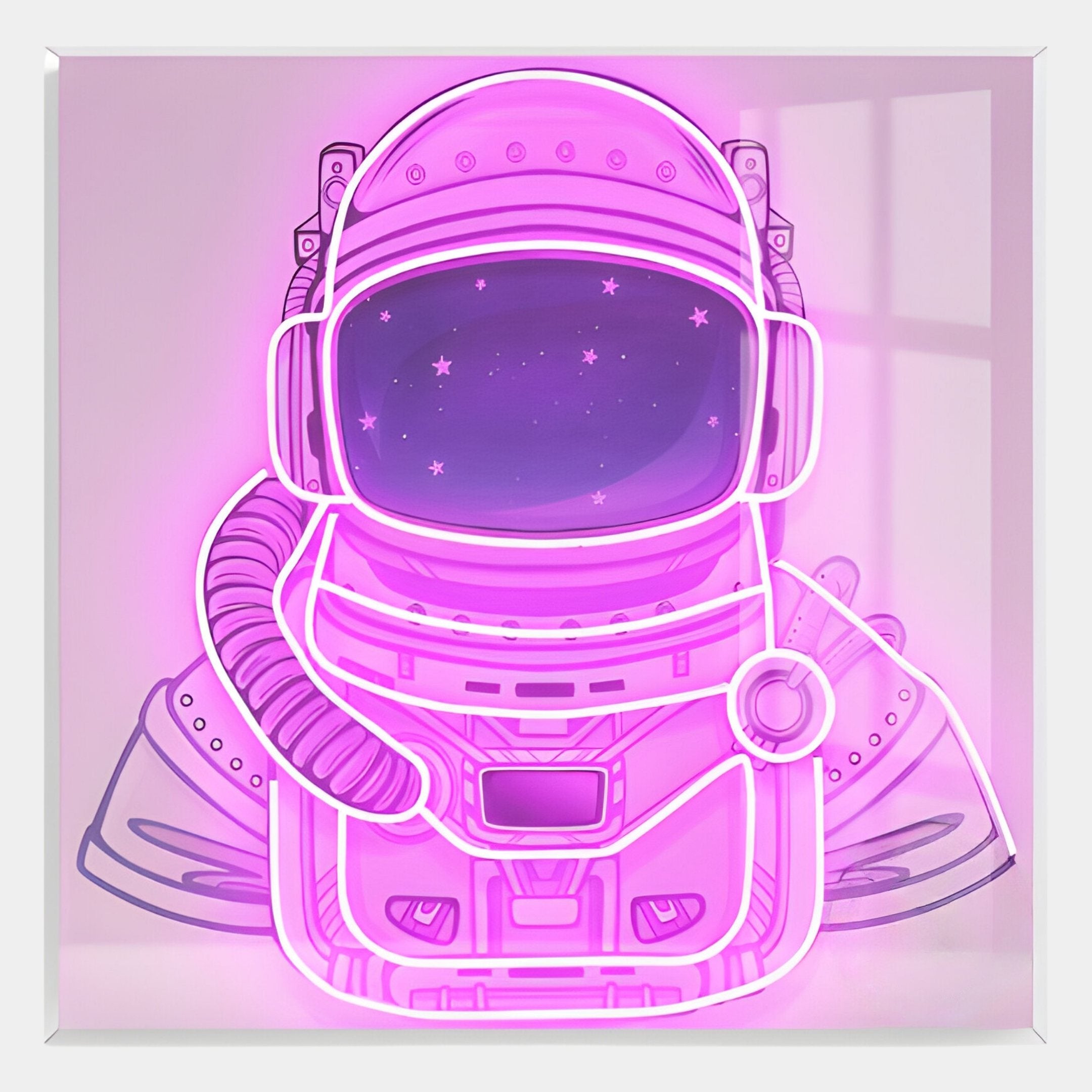 The Stellar Neon Orchid Acrylic 3D LED Wall Art by Giant Sculptures features an astronaut suit and helmet with stars in the visor, illuminated against a light backdrop with subtle window shadows.