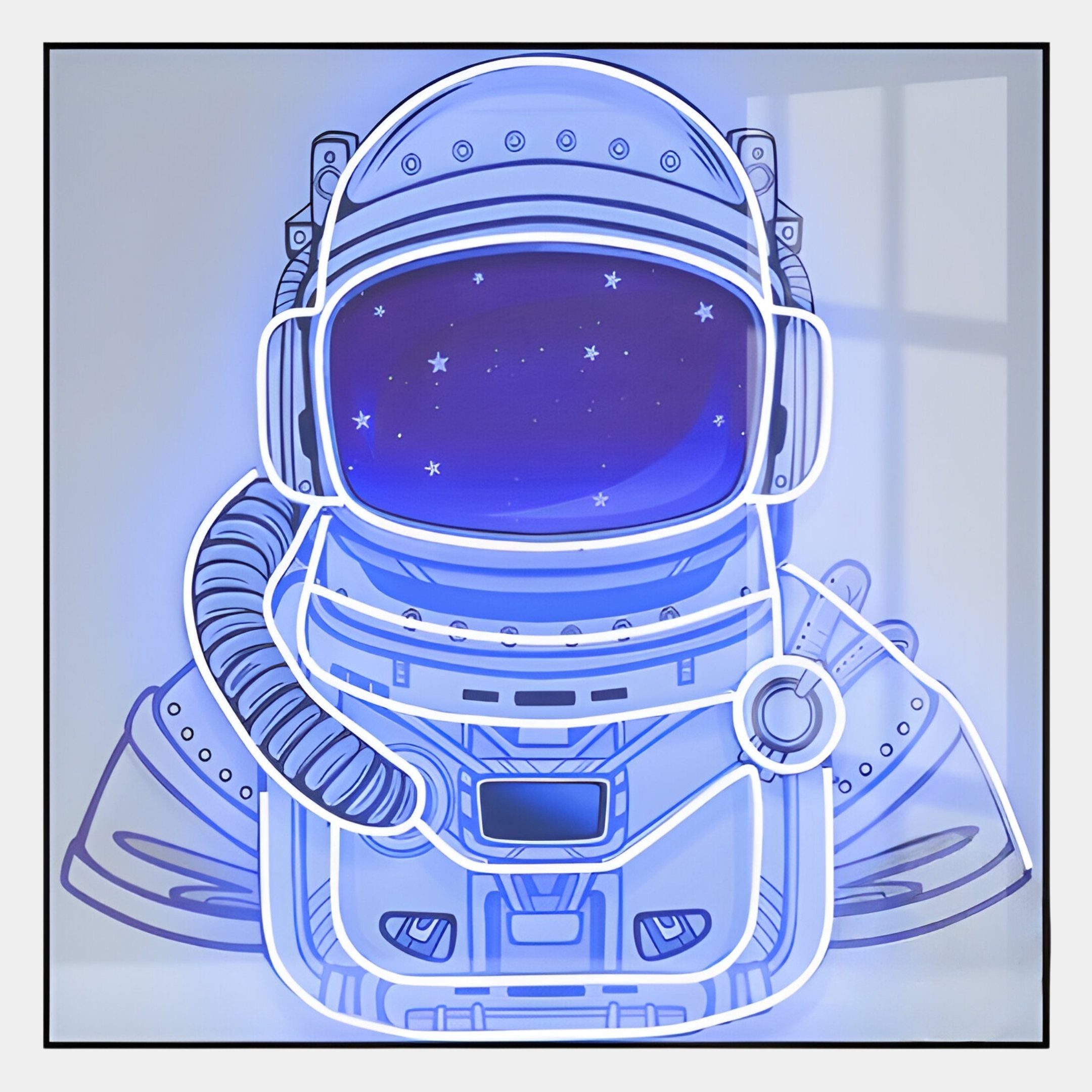 The Stellar Electric Sapphire Acrylic 3D LED Wall Art by Giant Sculptures features a neon astronaut motif with a star-filled visor, glowing acrylic outline, and a window shadow effect—perfect for vibrant modern decor.