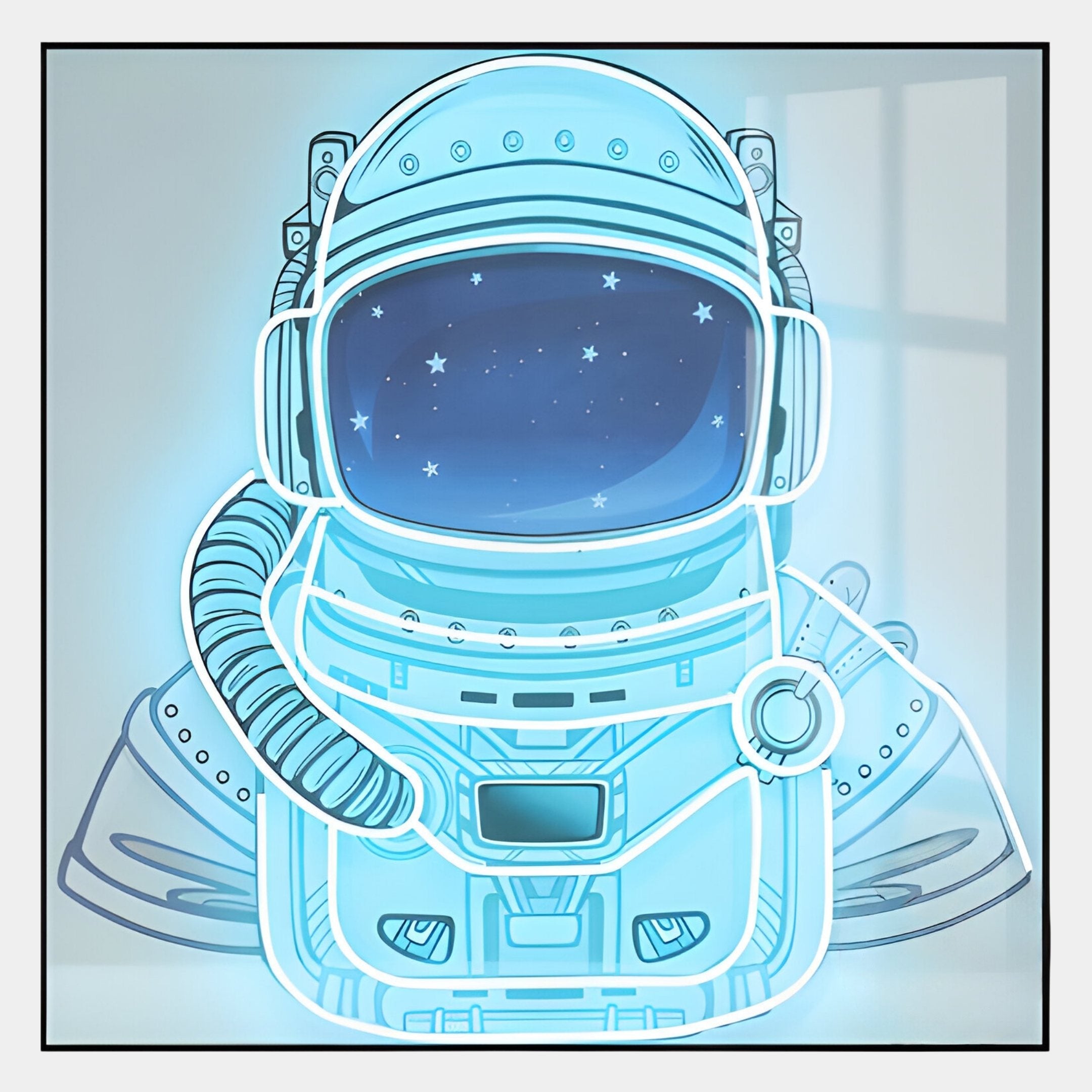 The Stellar Neon Aqua Acrylic 3D LED Wall Art by Giant Sculptures features a glowing blue astronaut helmet with a starry reflective visor, set against soft window shadows—ideal for adding modern brilliance to your space.