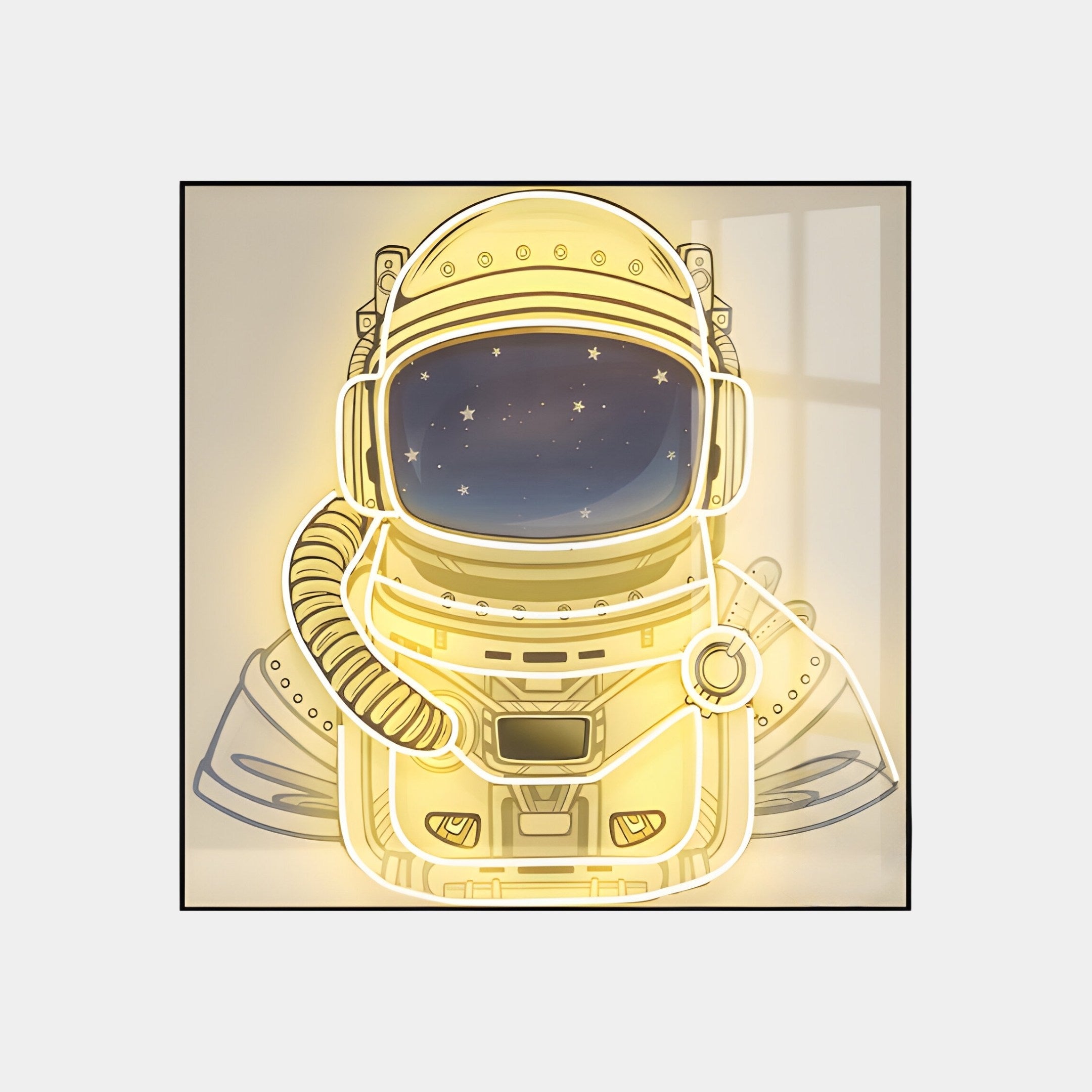 The Stellar Auric Gold Acrylic 3D LED Wall Art by Giant Sculptures features a neon astronaut helmet with yellow light and a starry night sky visor, set against a light gray background with window shadow—ideal for fans of unique astronaut decor.