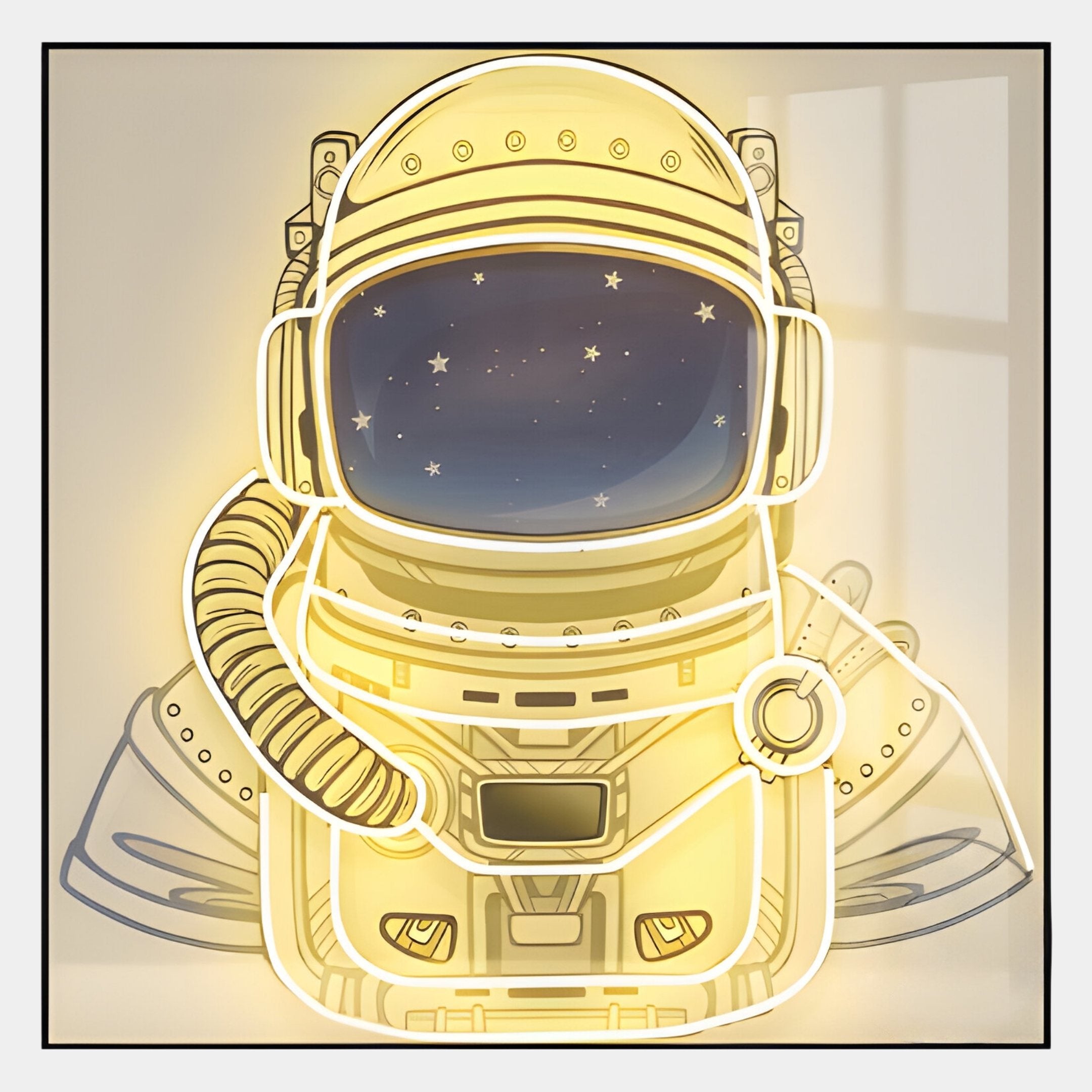 The Stellar Auric Gold Acrylic 3D LED Wall Art by Giant Sculptures features an astronaut helmet with gold accents and tiny stars in the visor, creating a cosmic vibe—perfect for adding glowing space-inspired style against softly lit walls.
