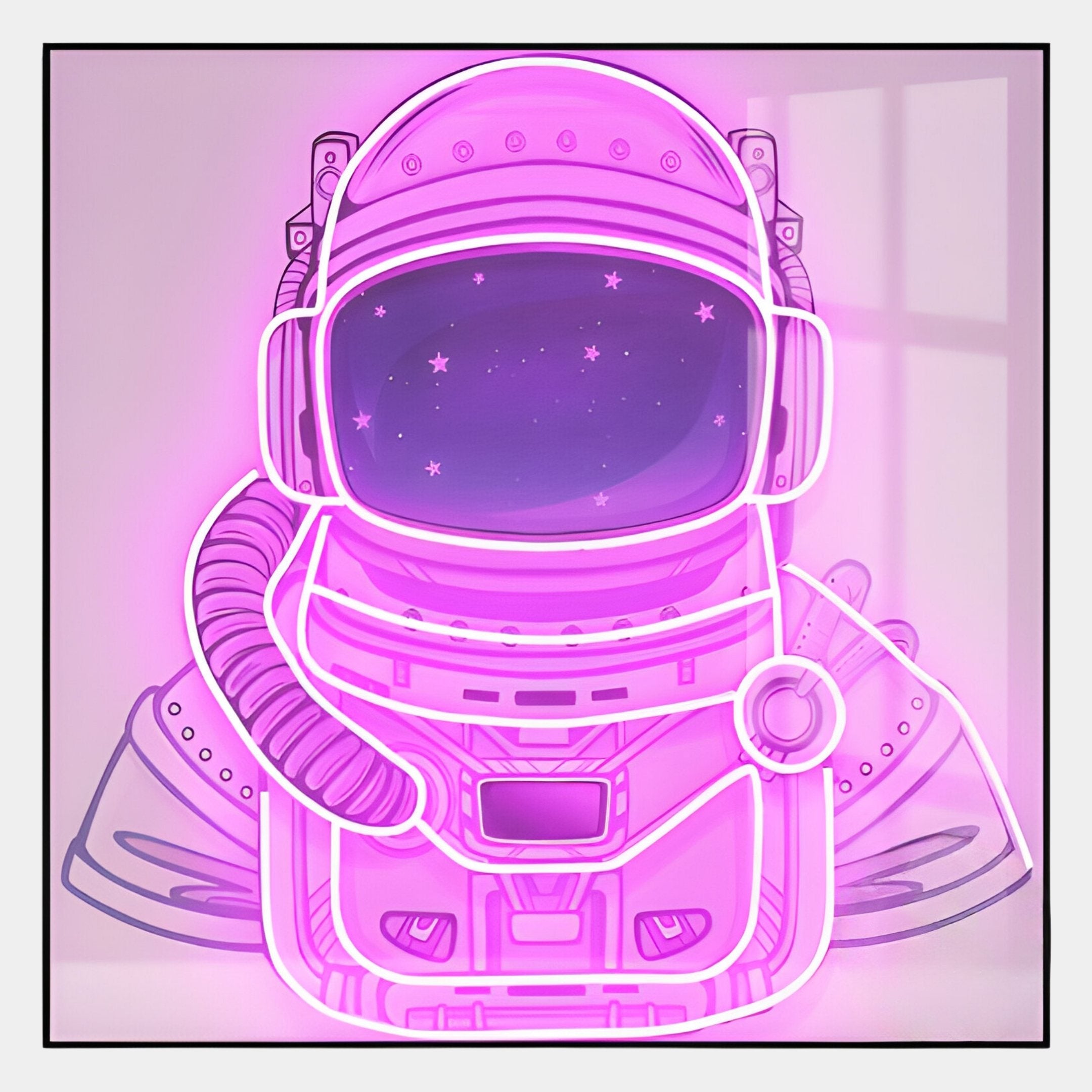 Stellar Neon Orchid Acrylic 3D LED Wall Art by Giant Sculptures features a neon pink astronaut suit with a starry night in the helmet and a soft background, bringing futuristic style to any space.