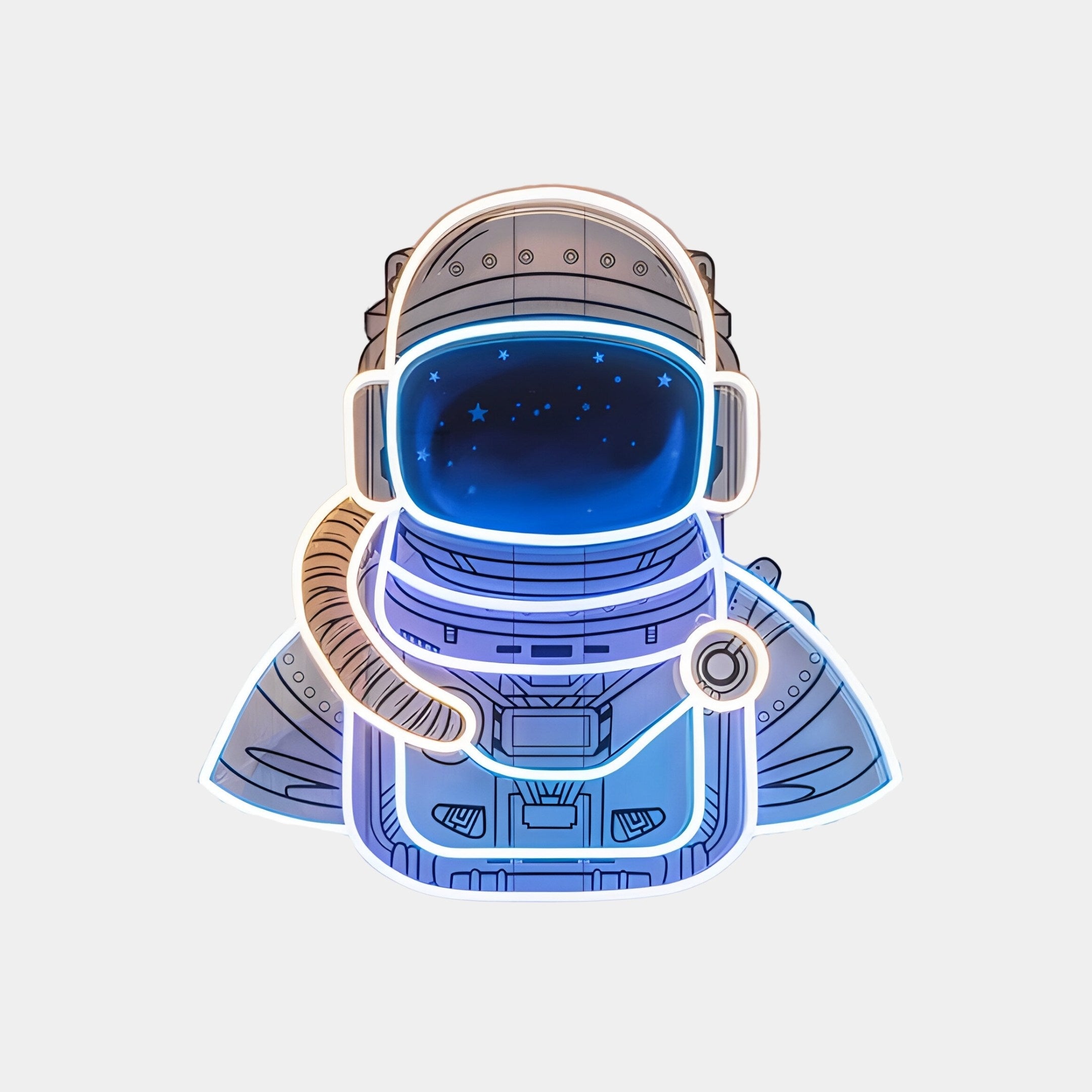 The Giant Sculptures Stellar Celestial Blue Acrylic 3D LED Wall Art showcases an astronaut in a detailed blue and white space suit with a beige hose and a starry helmet visor against a light gray background, capturing the universes marvel.