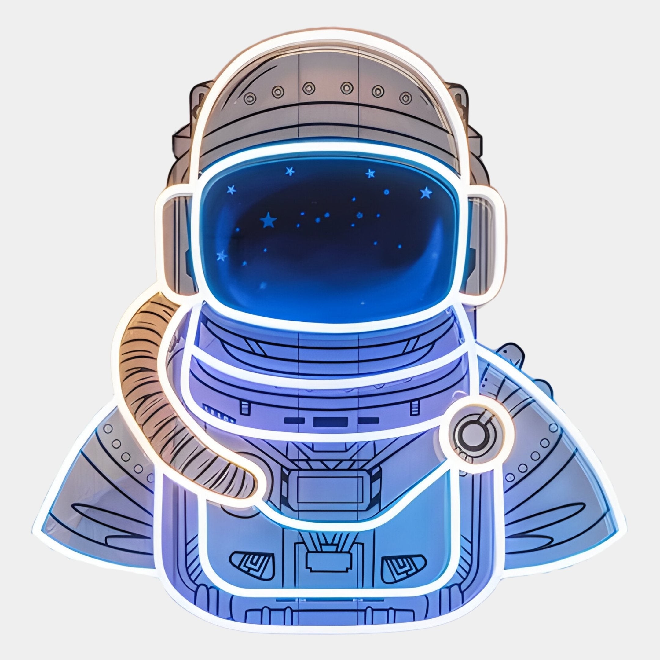 Stellar Celestial Blue Acrylic 3D LED Wall Art by Giant Sculptures features a cartoon astronaut silhouette in a blue and white suit with a reflective star-filled visor, detailed hoses, and mechanical accents—perfect for cosmic decor.