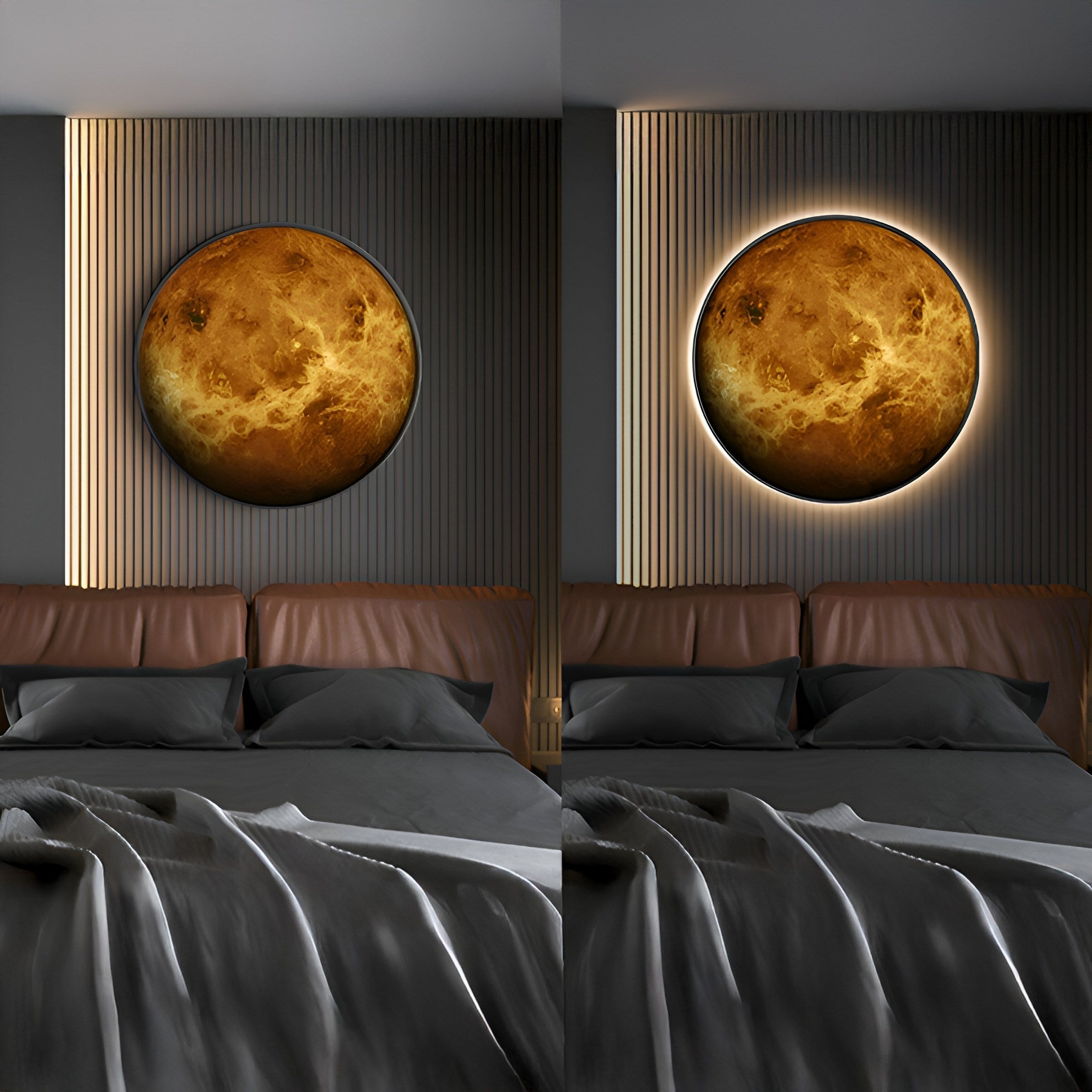 A modern bedroom features the Galaxia Venus Crystal Porcelain LED Wall Art by Giant Sculptures, resembling a planet above the bed and showcasing day and night effects: natural light on the left and soft ambient lighting on the right, embodying modern design ideals.