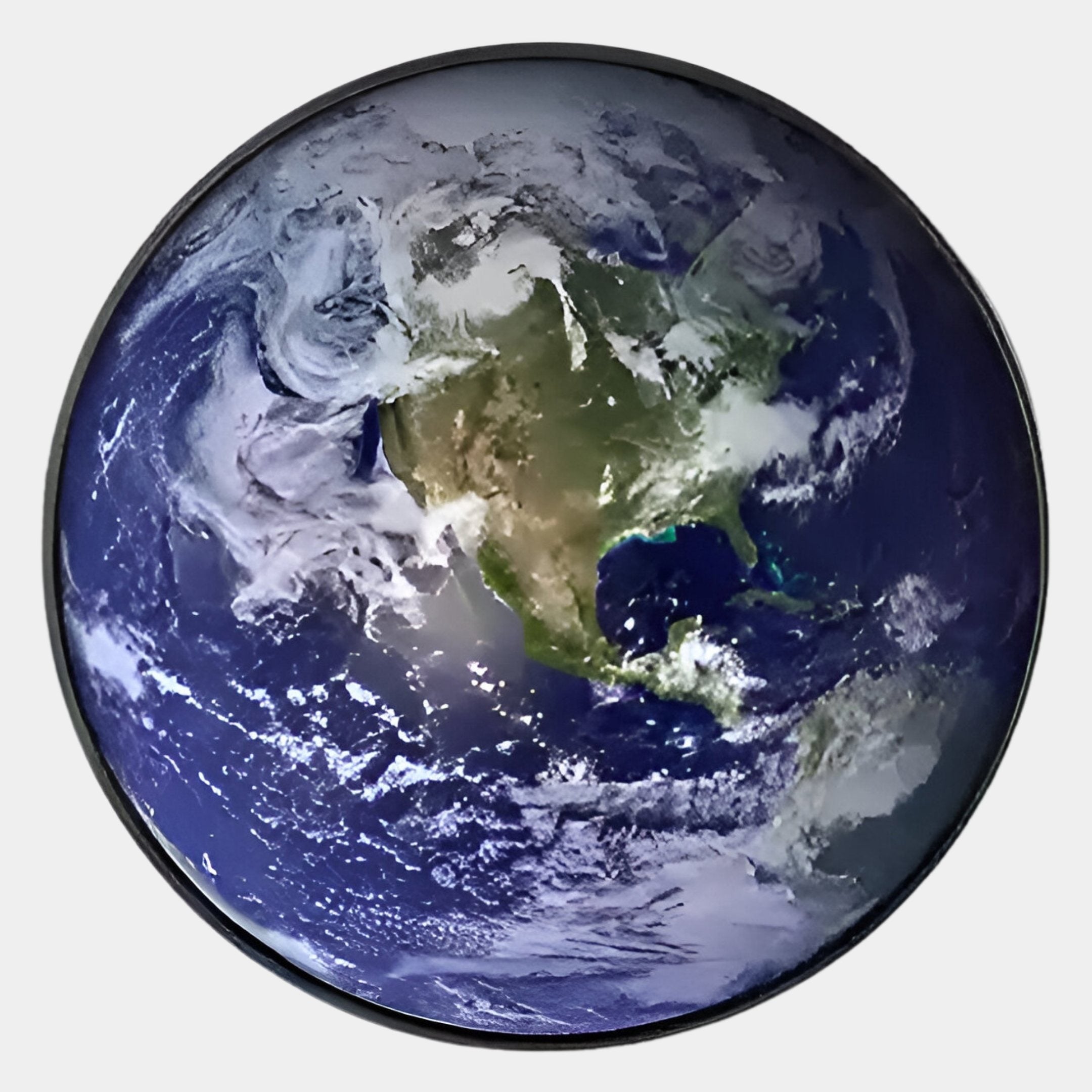 Experience a stunning view of Earth from space—North America, clouds, and vibrant colors—beautifully rendered as the Galaxia Earth Crystal Porcelain LED Wall Art by Giant Sculptures, featuring a sleek Brushed Aluminum Frame.