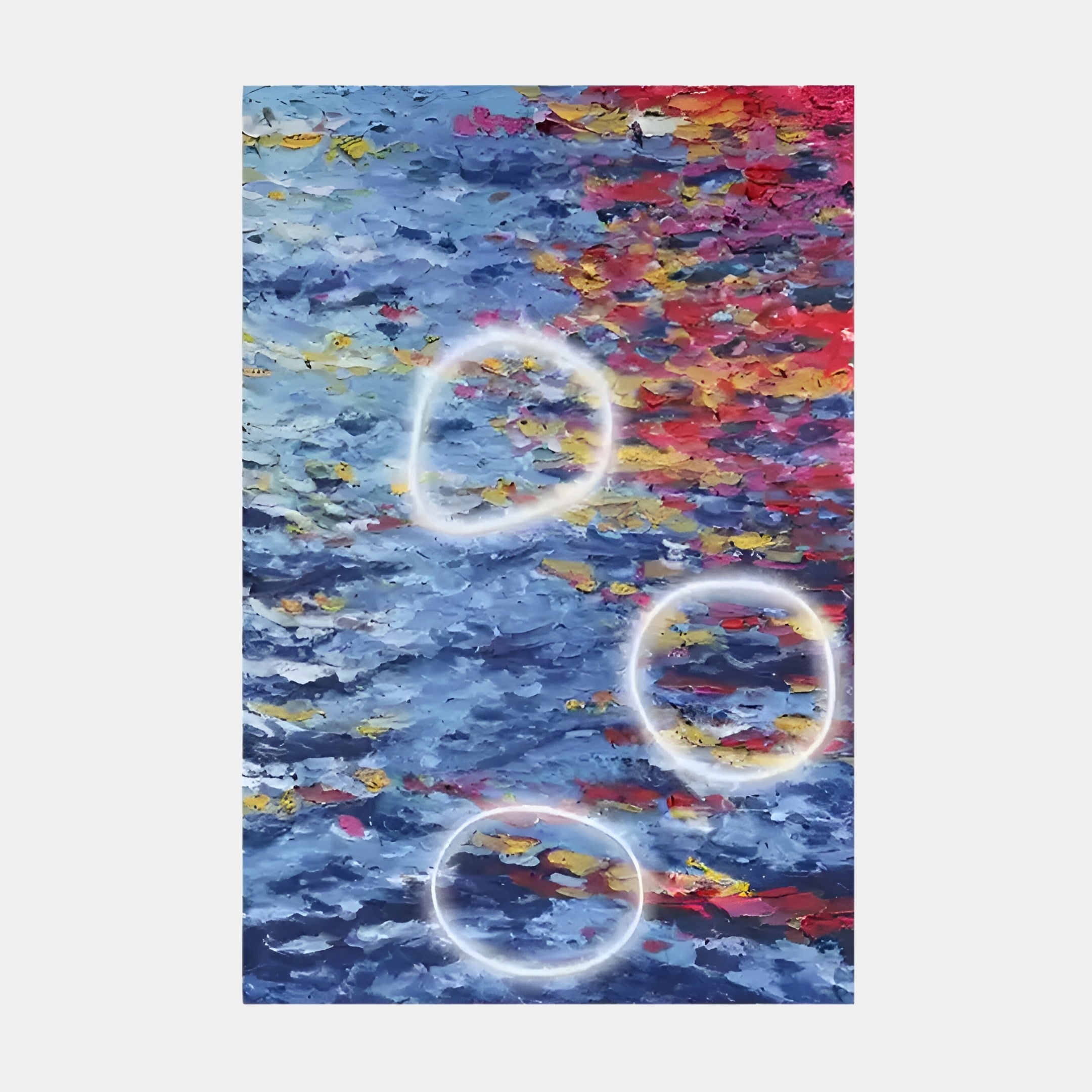 The Elysian Ocean Ember Oil Painting 3D LED Wall Art by Giant Sculptures showcases vibrant reflections of red, yellow, and orange with three faint glowing circles that enhance the colors, all in a captivating impressionistic style.