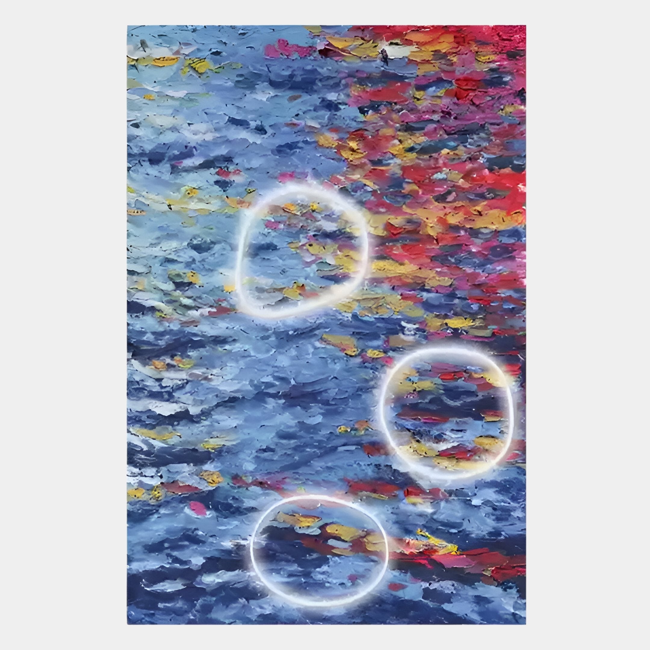 The Giant Sculptures Elysian Ocean Ember Oil Painting 3D LED Wall Art features rippling water with blue, yellow, red, and orange reflections and three luminous white rings for a surreal, abstract effect.
