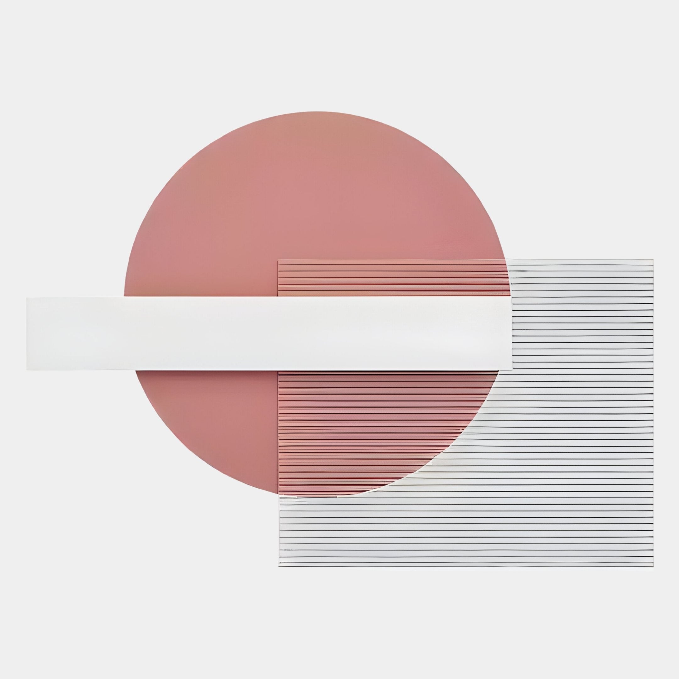 Minimalist geometric art inspired by Giant Sculptures’ Aeon Petal Blush Leather 3D LED Wall Ar, with a large pink circle, horizontal white rectangle, and a transparent square featuring thin black lines overlapping on white.