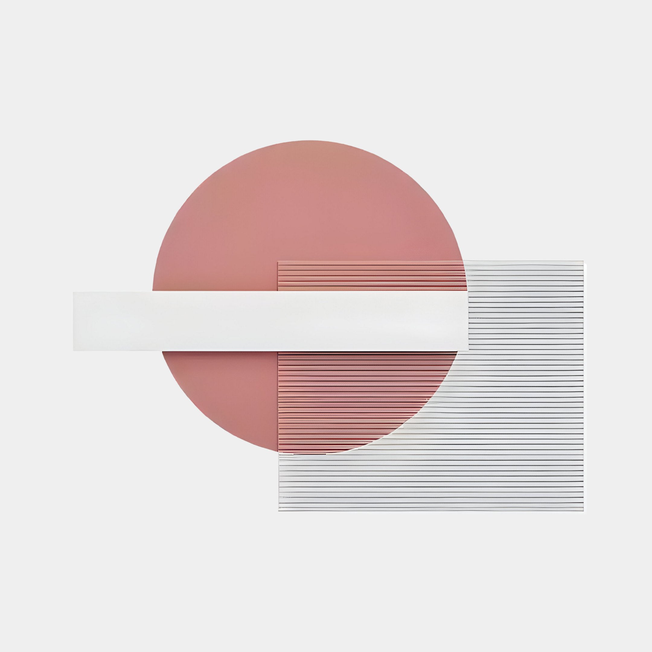 The Aeon Petal Blush Leather 3D LED Wall Art by Giant Sculptures features abstract geometric design with a pink circle intersected by a white rectangle and a transparent square with black stripes on a light gray background, embodying minimalist aesthetics.