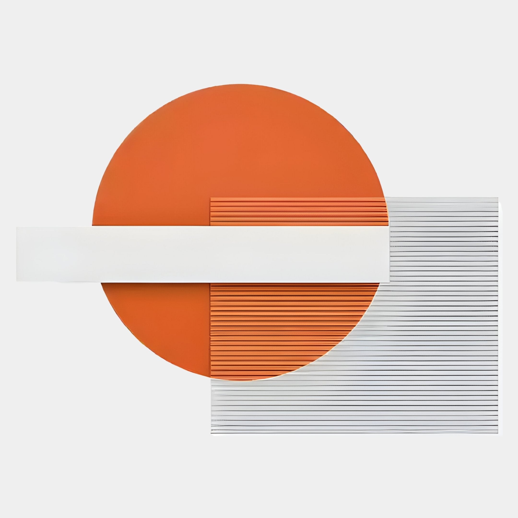 The Aeon Sunset Ember Leather 3D LED Wall Art by Giant Sculptures features vivid orange circles, white rectangles, and transparent panes with black intersecting lines on a plain white background, creating striking abstract geometric art.