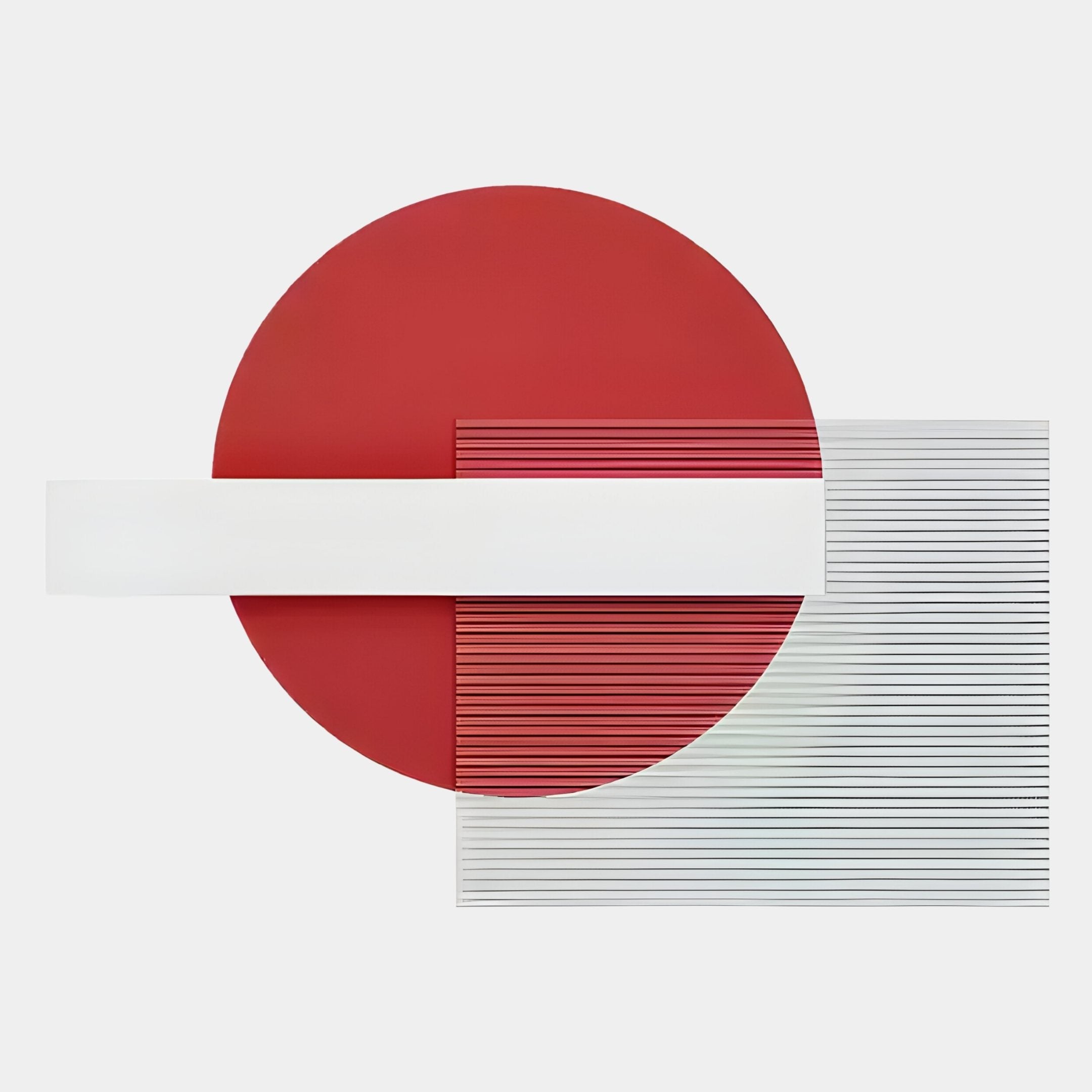 The Aeon Crimson Silk Leather 3D LED Wall Art by Giant Sculptures features a bold crimson circle, white rectangle, and transparent square with black lines on a light background—bringing modern statement style to any space.