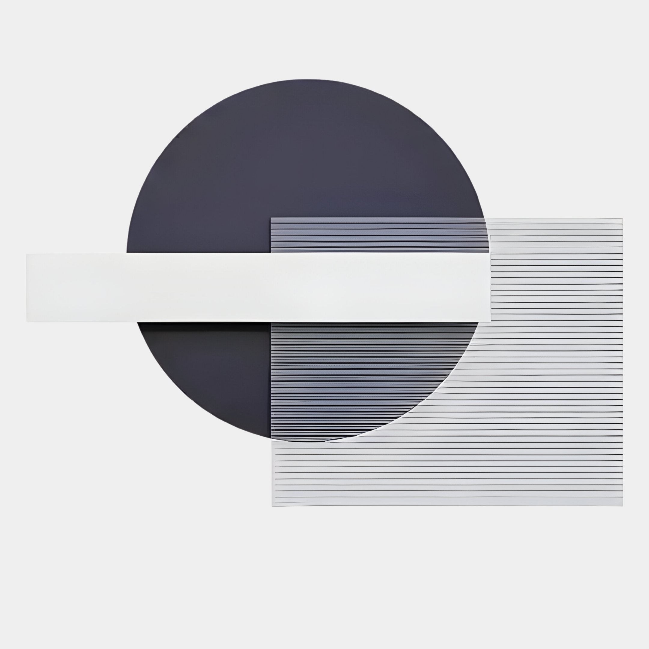 Abstract geometric composition featuring a dark gray circle, a white rectangle, and transparent shapes with thin black lines—capturing the sleek Modern Design of the Aeon Slate Violet Leather 3D LED Wall Art by Giant Sculptures.