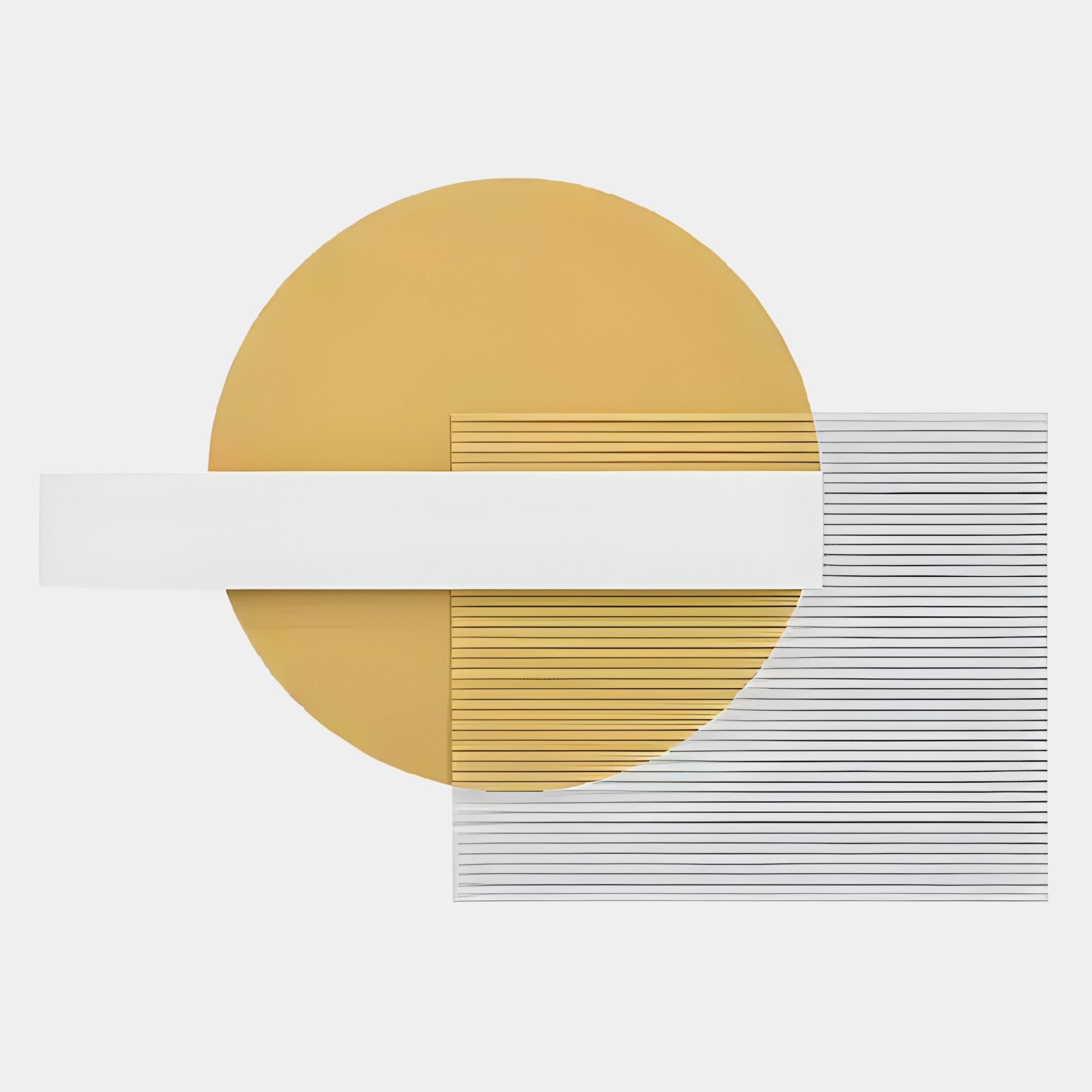 The Aeon Golden Sand Leather 3D LED Wall Art by Giant Sculptures features a bold mustard yellow circle, a transparent rectangle with black lines, and a solid white bar overlapping on a clean white background for modern decor.
