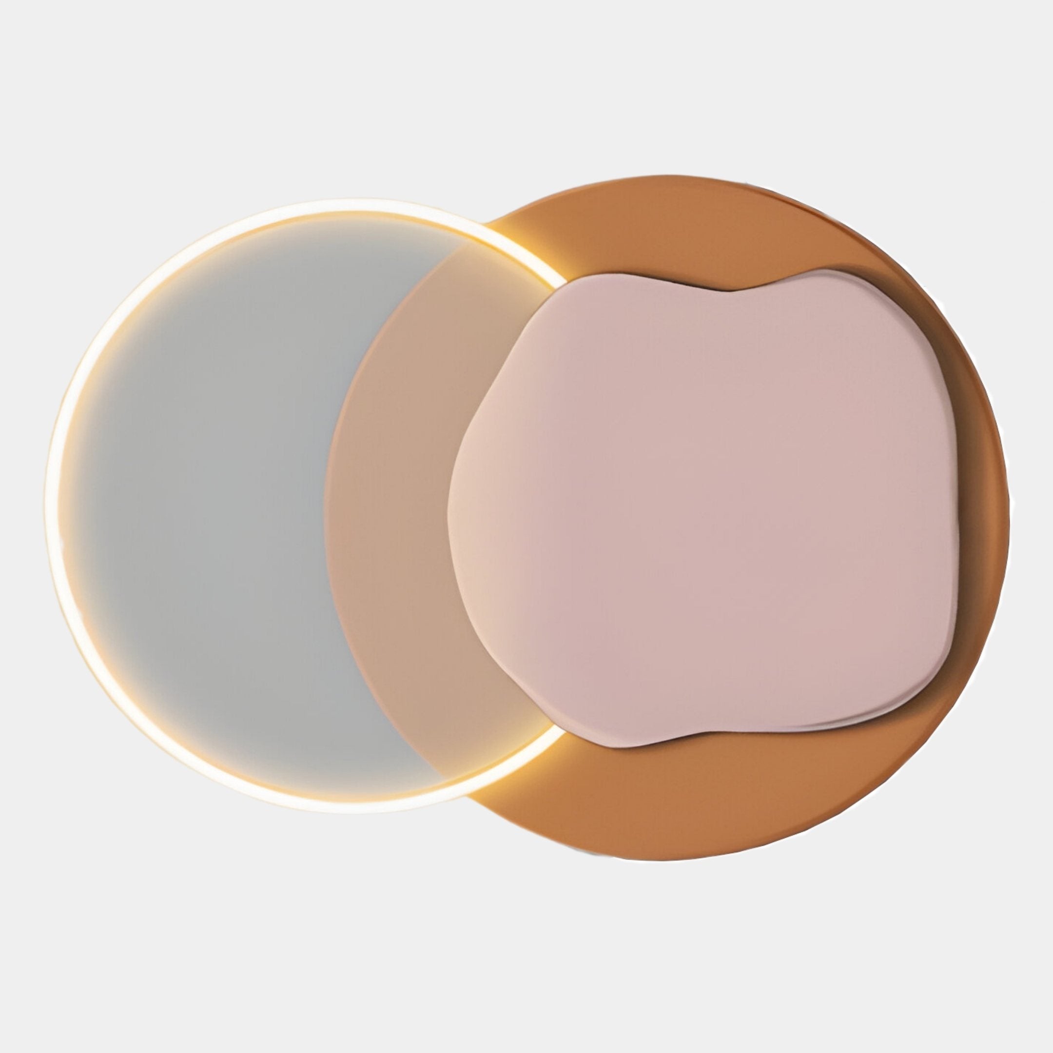 The Arcadia Rose Clay Leather 3D LED Wall Art by Giant Sculptures features overlapping circles and irregular shapes in beige, brown, and cream tones, with ambient LED lighting creating a soft glow on a plain background.