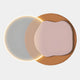The Arcadia Rose Clay Leather 3D LED Wall Art by Giant Sculptures features overlapping circles and irregular shapes in beige, brown, and cream tones, with ambient LED lighting creating a soft glow on a plain background.