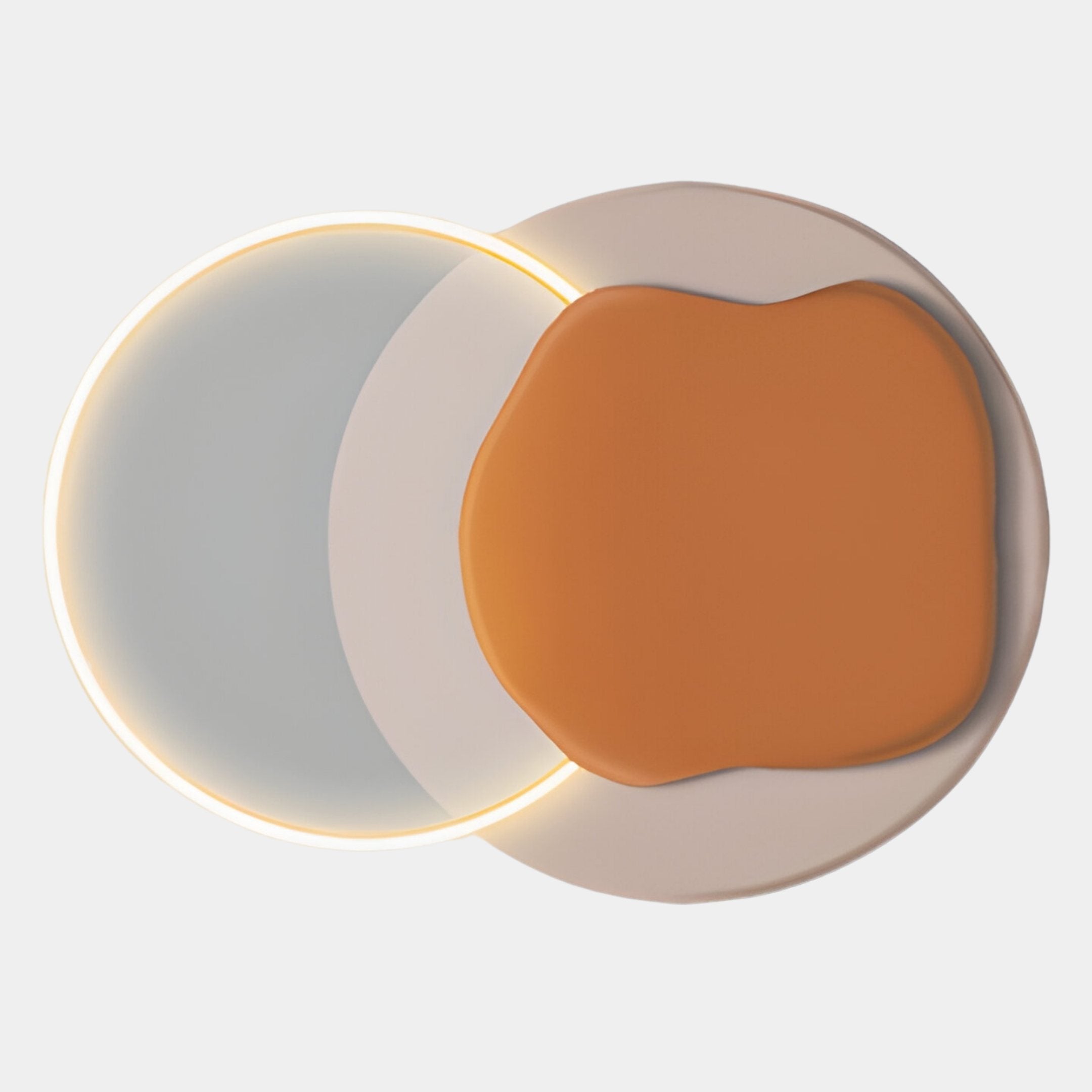 The Arcadia Terra Amber Leather 3D LED Wall Art by Giant Sculptures displays modern abstract overlapping circles in soft white and warm orange, highlighted by a glowing 3D LED ring on the left against a light backdrop.
