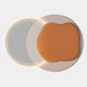 The Arcadia Terra Amber Leather 3D LED Wall Art by Giant Sculptures displays modern abstract overlapping circles in soft white and warm orange, highlighted by a glowing 3D LED ring on the left against a light backdrop.