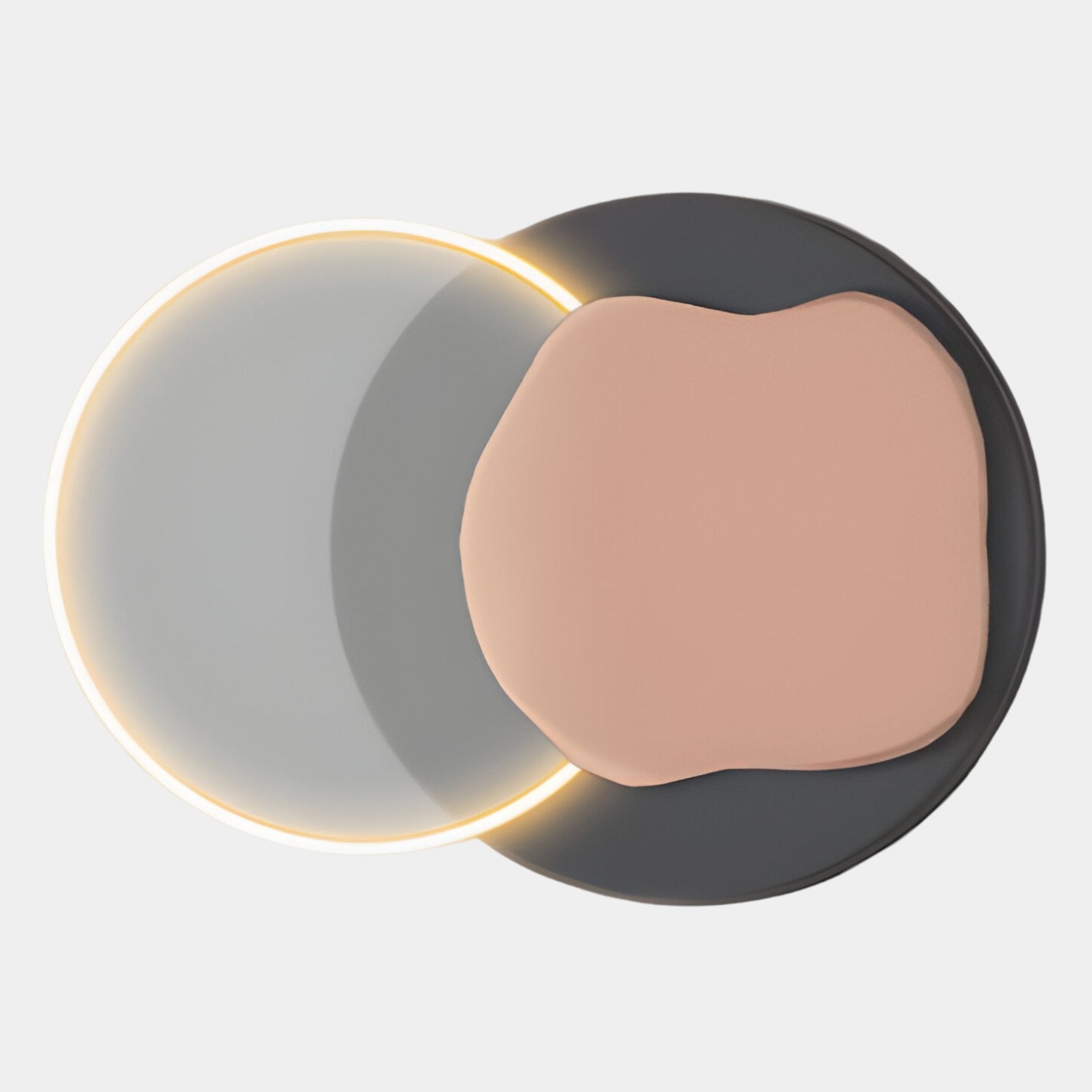 The Arcadia Graphite Blush Leather 3D LED Wall Art by Giant Sculptures features a modern abstract design with a circular glass panel emitting a soft yellow glow, overlapping an irregular beige shape on a dark base.