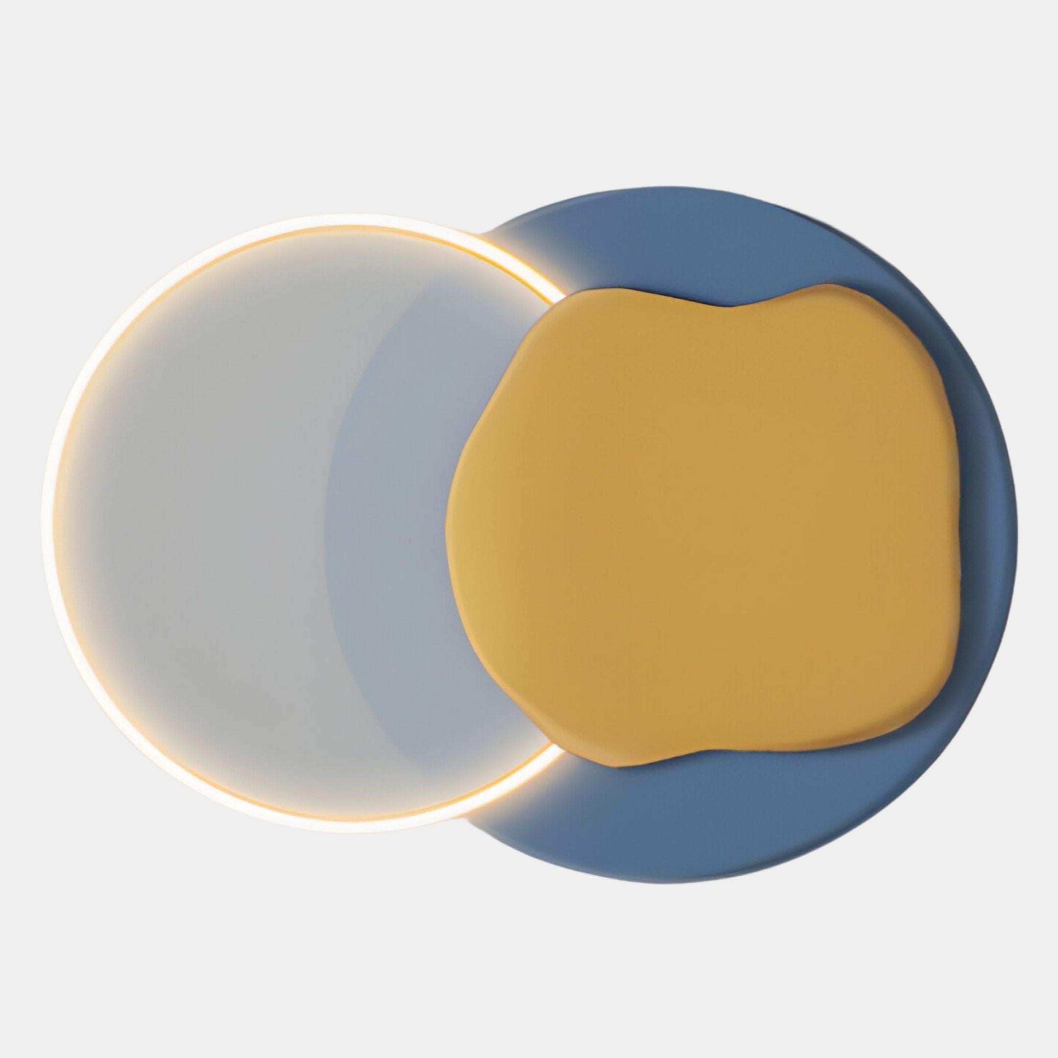 The Arcadia Indigo Honey Leather 3D LED Wall Art by Giant Sculptures features overlapping circular shapes: a glowing white disk, blue circle, and irregular yellow form set against a light gray background.