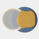 The Arcadia Indigo Honey Leather 3D LED Wall Art by Giant Sculptures features overlapping circular shapes: a glowing white disk, blue circle, and irregular yellow form set against a light gray background.