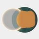 Arcadia Teal Ochre Leather 3D LED Wall Art by Giant Sculptures features glowing white and dark green circles with a soft-edged orange form on a light background—ideal for contemporary interiors.