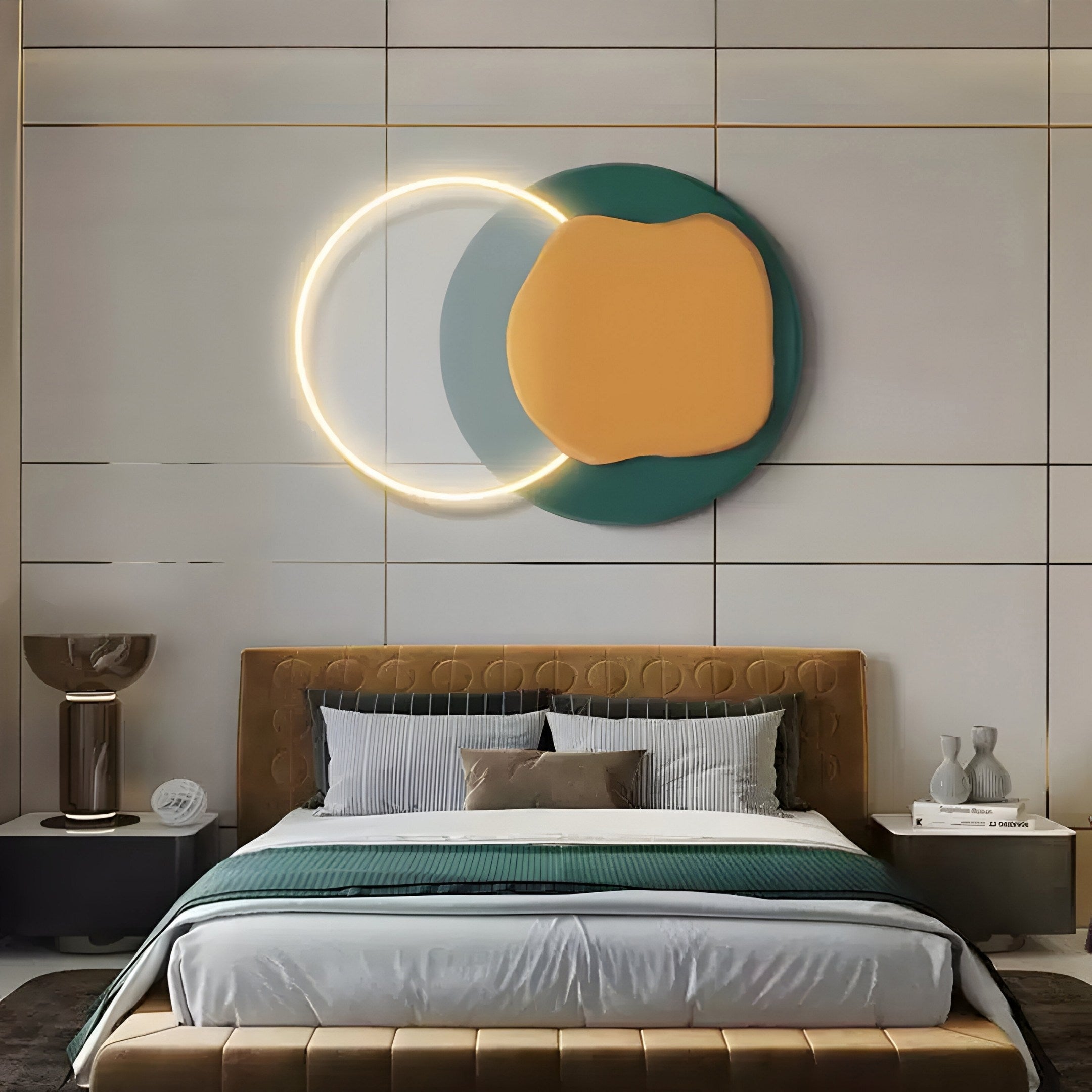 In a modern bedroom, a large bed boasts a tufted leather headboard. Above it, the Arcadia Teal Ochre Leather 3D LED Wall Art by Giant Sculptures adds geometric elegance. A side table with decor on the left blends with neutral tones and teal ochre accents, enhancing the stylish ambience.