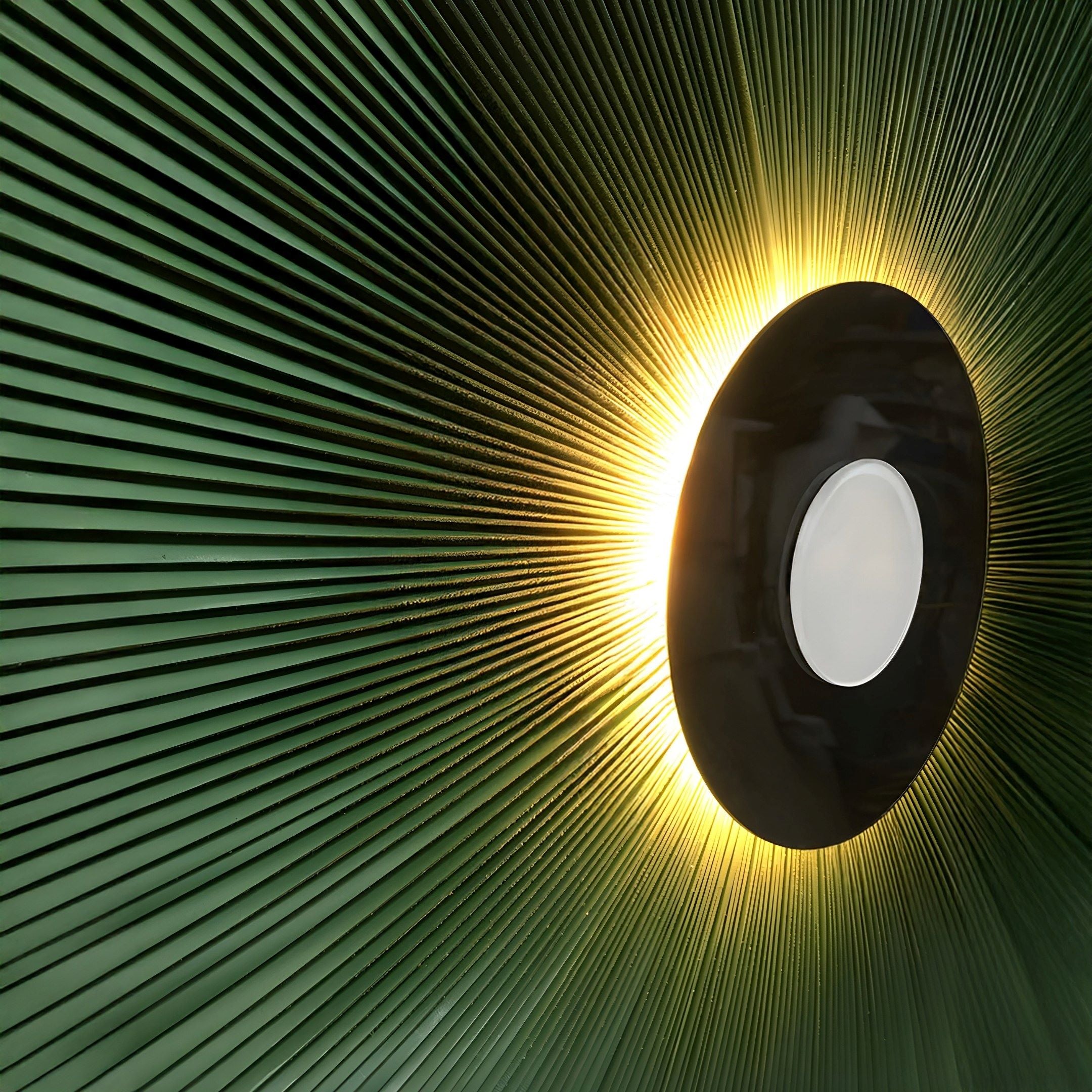 The Vanguard Jade Surge Leather 3D LED Wall Art by Giant Sculptures is a futuristic circular fixture emitting a bright glow that creates a starburst effect, with radiating lines on a dark green background for depth and elegance in modern interiors, resembling the sun.