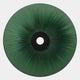 The Vanguard Jade Surge Leather 3D LED Wall Art by Giant Sculptures is a circular green piece with radiating lines from a central black and white disc, creating an abstract sunburst or eye design—ideal for modern spaces, shown from above on a white background.