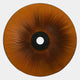 A top-down view of the Vanguard Saffron Ember Leather 3D LED Wall Art by Giant Sculptures—circular, orange with radiating dark lines and a black center, resembling mushroom gills or unique saffron leather art on white.
