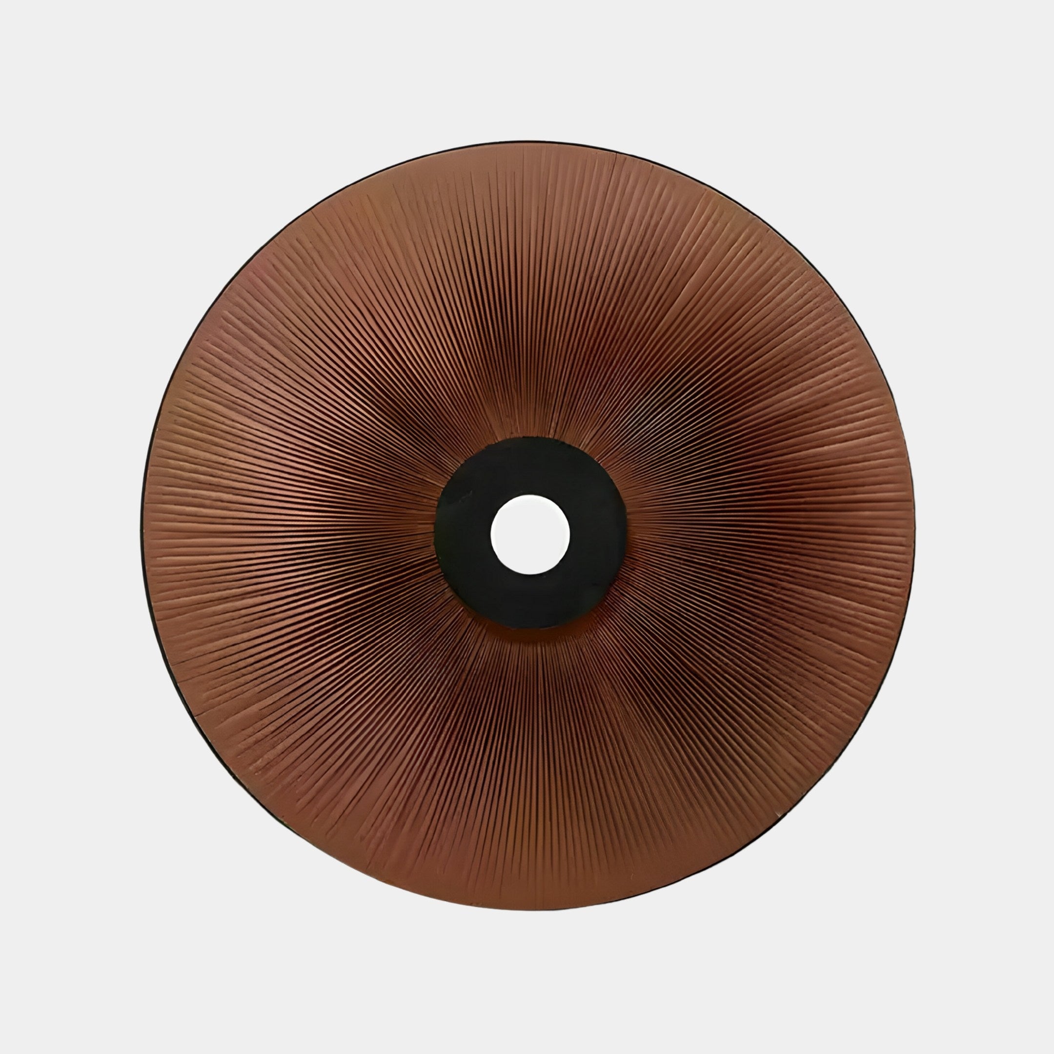 The Vanguard Mocha Bronze Leather 3D LED Wall Art by Giant Sculptures features a round, copper disc with a textured radial pattern and a black center. Its mocha bronze hue offers timeless elegance, perfect as a modern decorative piece against a plain white background.