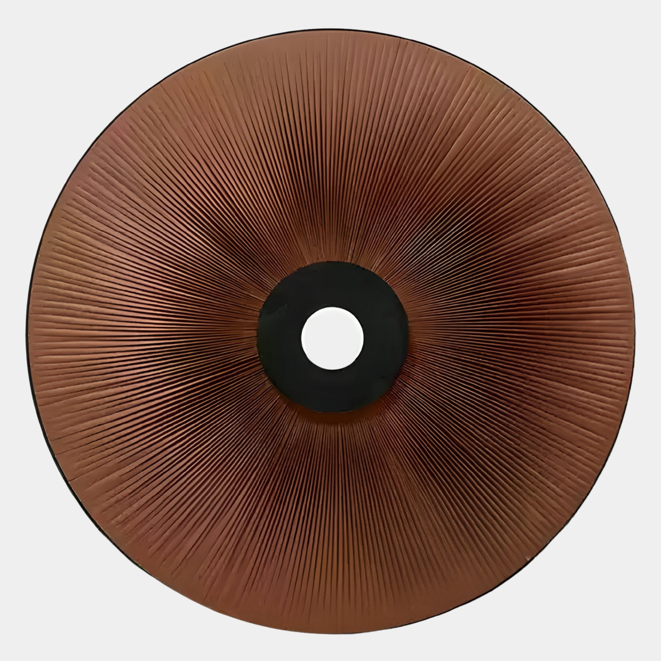 The Vanguard Mocha Bronze Leather 3D LED Wall Art by Giant Sculptures features a circular, copper-toned design with fine radial lines from a central black hole, resembling a stylized sunburst on a plain white background.