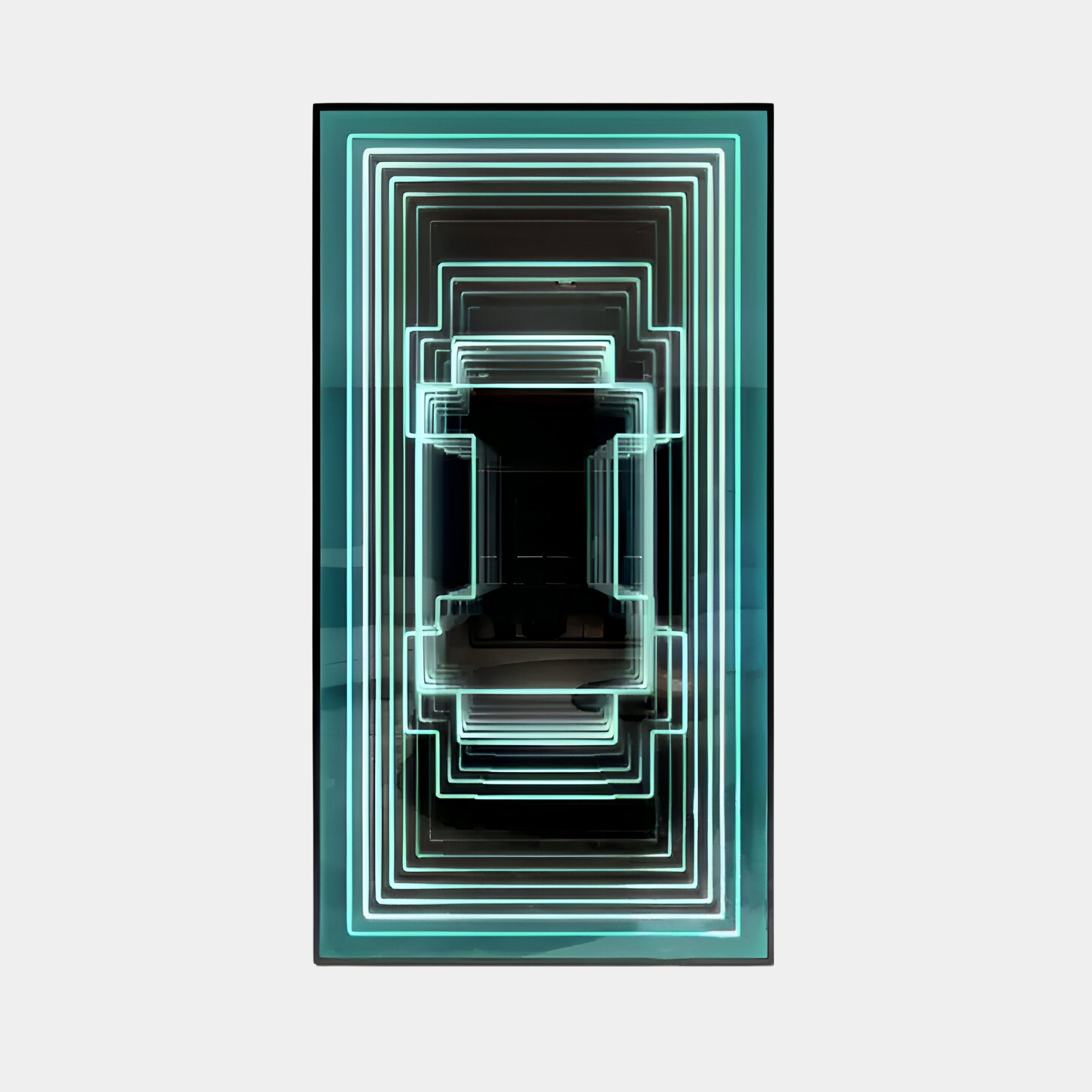 The Horizon Endless Horizon 3D LED Mirror Wall Art by Giant Sculptures features abstract artwork with illuminated concentric rectangles in green and white, producing a tunnel-like effect reminiscent of a 3D LED mirror, creating depth and modern space perspective.