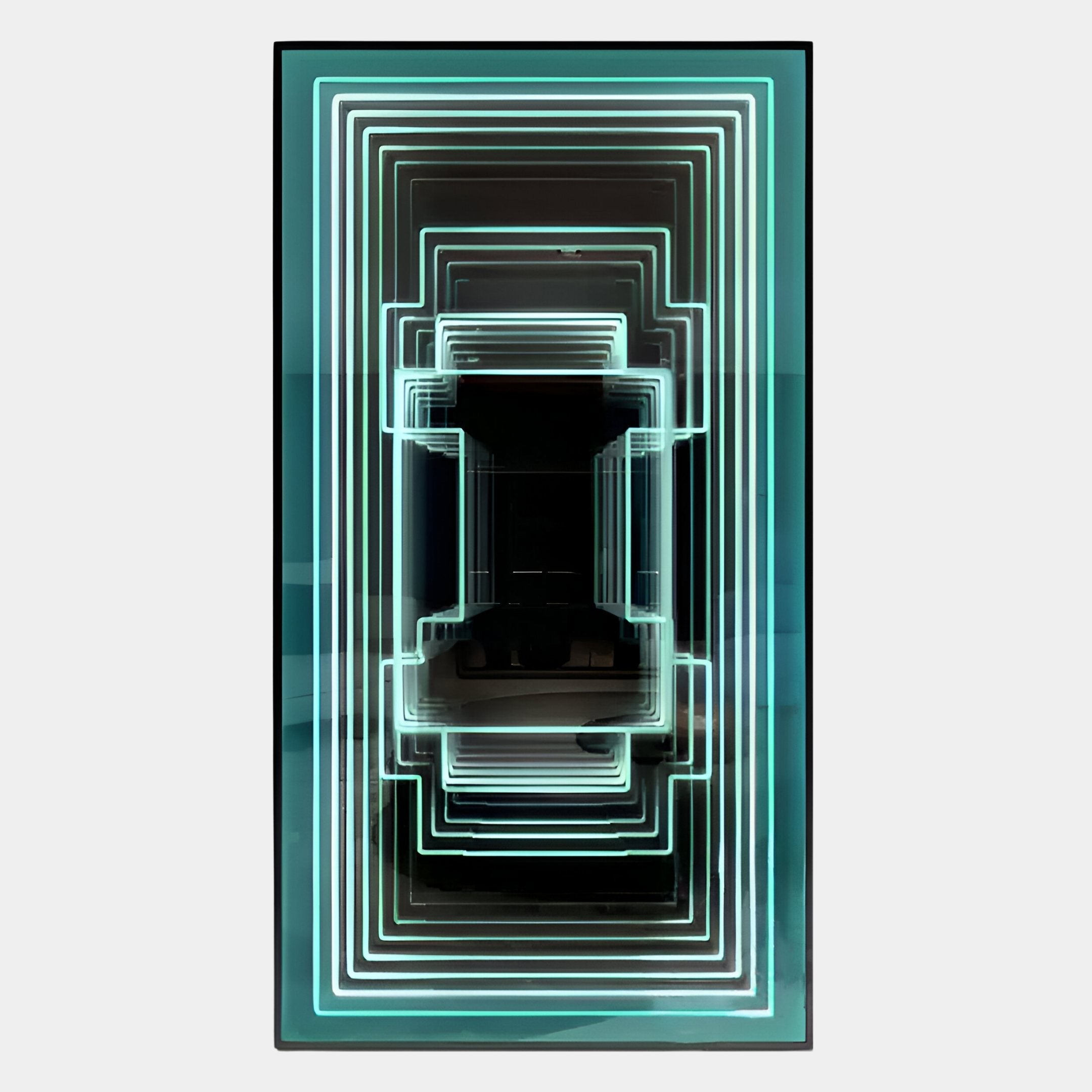 The Horizon Endless Horizon 3D LED Mirror Wall Art by Giant Sculptures features layered aqua and white neon lights, creating a tunnel-like geometric pattern and infinite depth illusion against a plain light gray background.