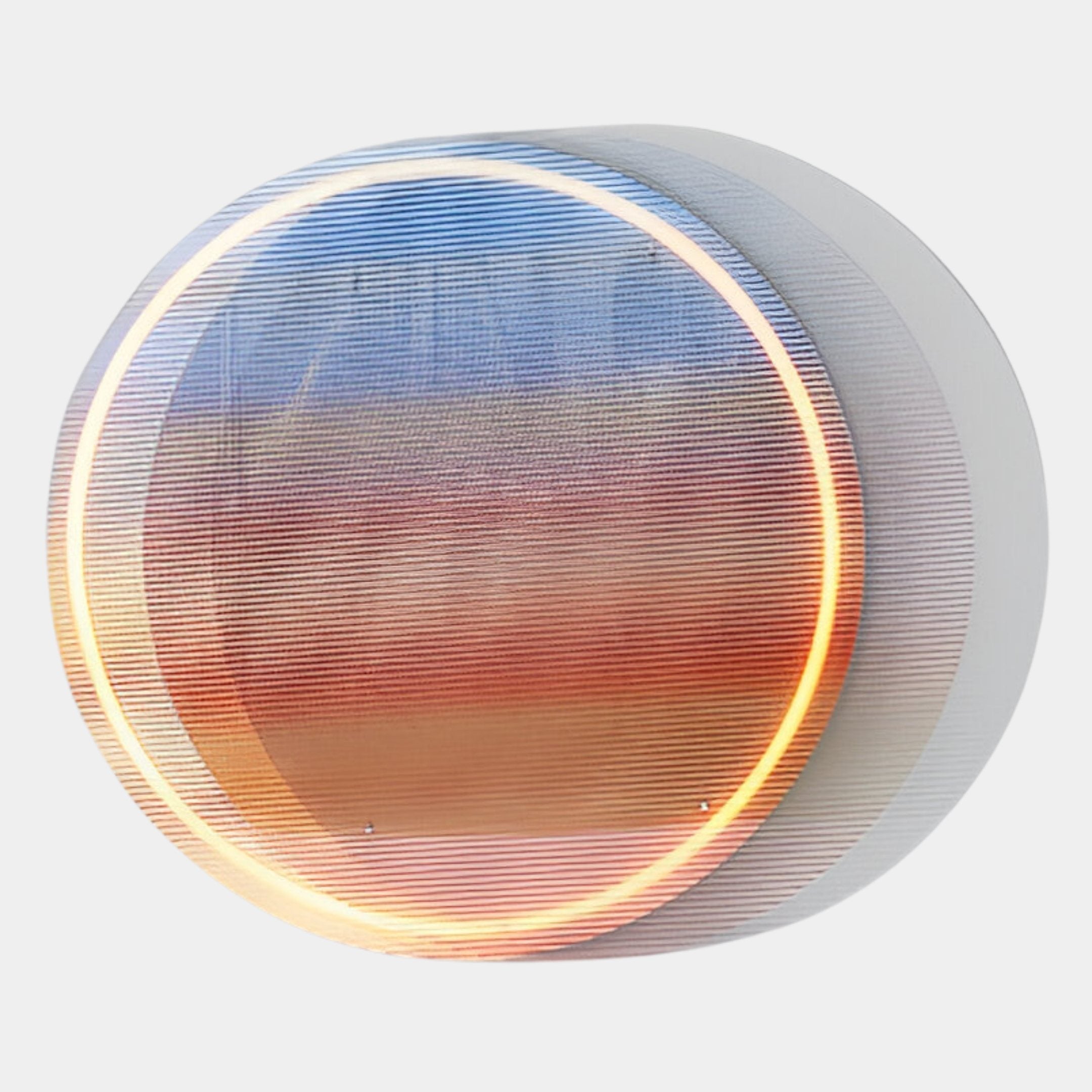 The Chromia Sunrise Glow Acrylic LED Wall Art by Giant Sculptures features round, wall-mounted acrylic panels with layered translucence and a glowing circular ring that radiates blue, purple, and orange hues.