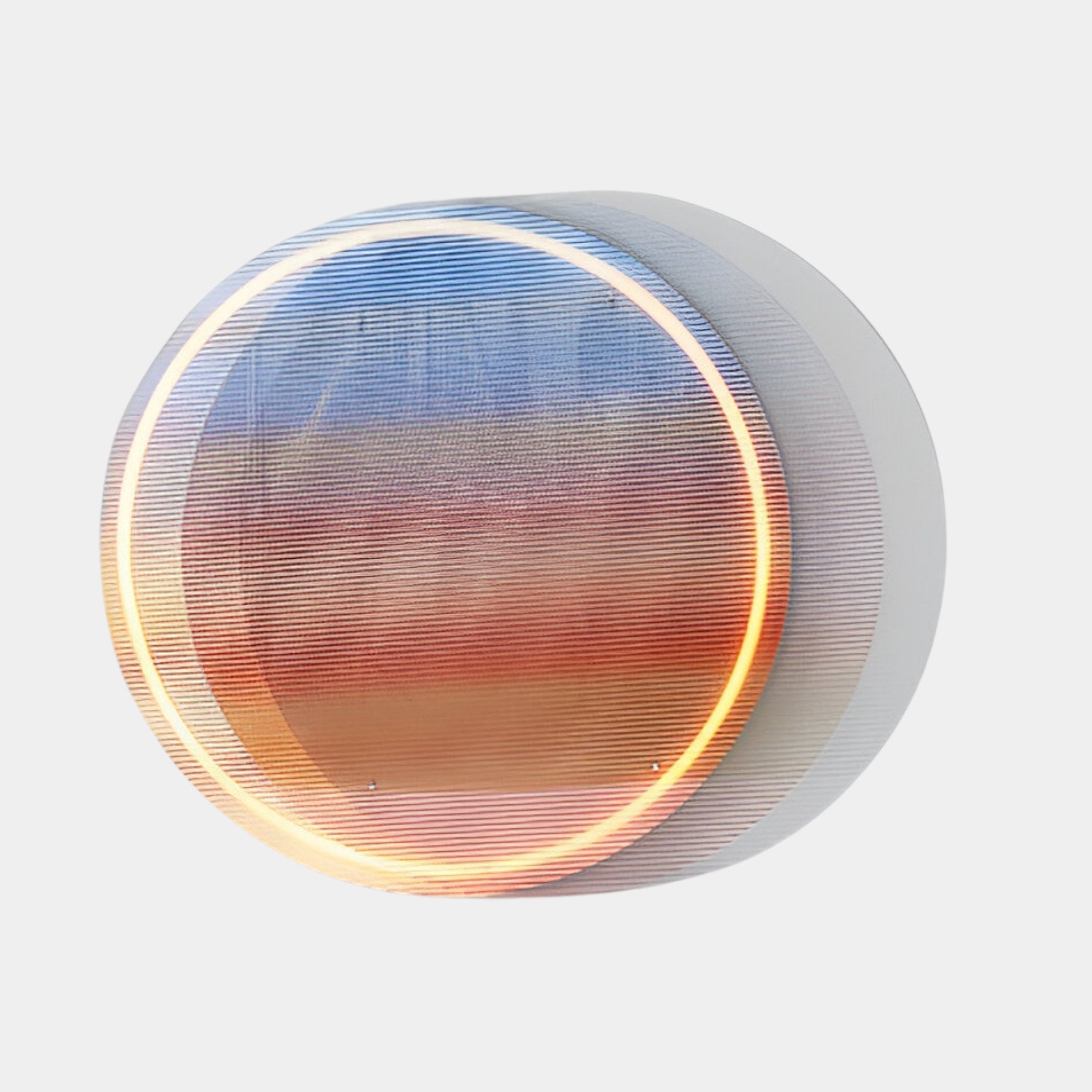 Discover the Chromia Sunrise Glow Acrylic LED Wall Art by Giant Sculptures. This circular wall-mounted lamp features a multi-layered gradient of blue, purple, and orange, with a glowing LED ring to create a modern, artistic ambiance in any contemporary space.