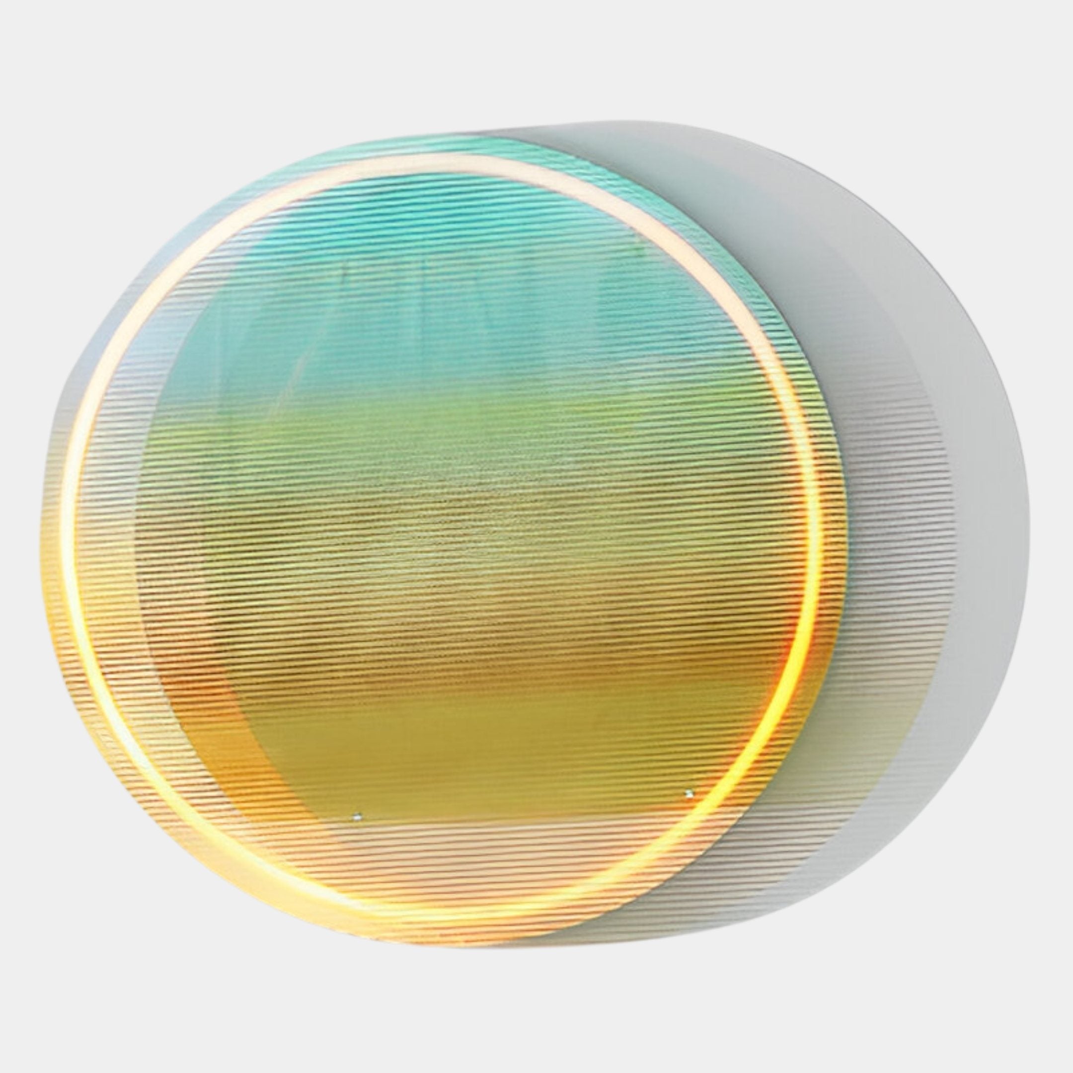 The Chromia Tropical Dawn Acrylic LED Wall Art by Giant Sculptures features tropical teal, yellow, and orange gradients with a glowing outer ring on a white background—a striking modern circular statement piece.