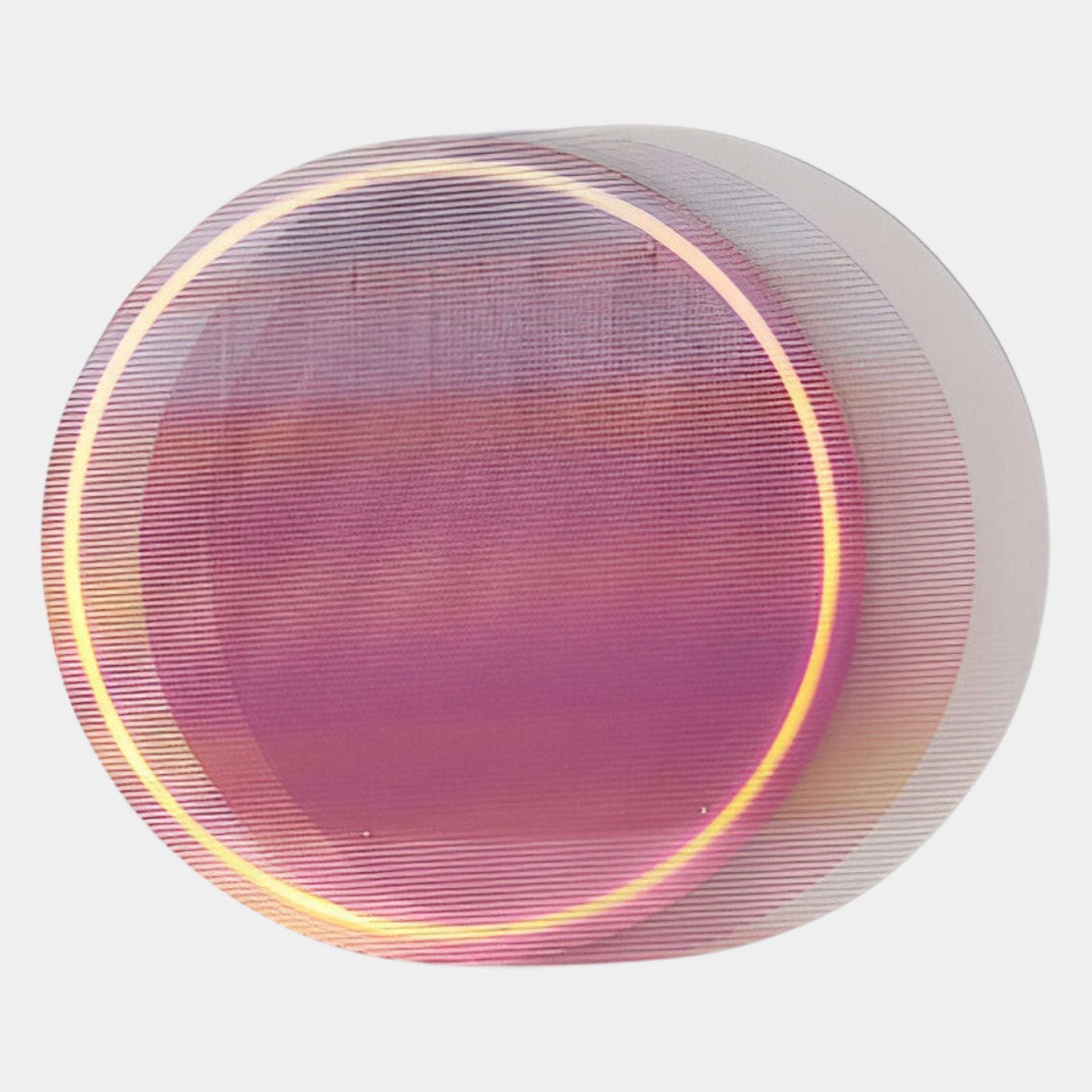 The Chromia Orchid Twilight Acrylic LED Wall Art by Giant Sculptures features a modern, circular design with pink-purple gradients and a soft yellow LED ring, adding a unique contemporary touch to any room.