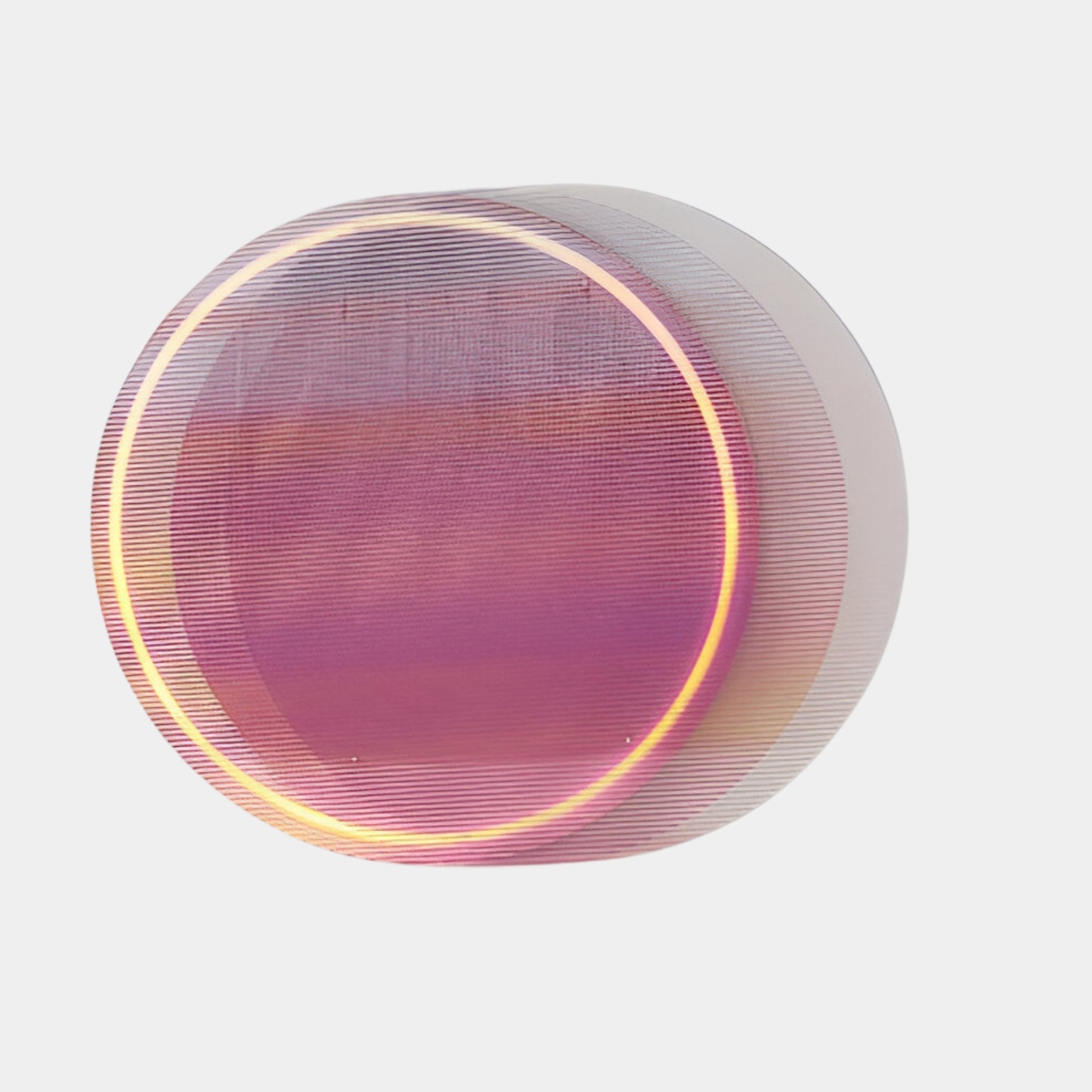 The Chromia Orchid Twilight Acrylic LED Wall Art by Giant Sculptures is a round, translucent piece with an ombré effect in pink and purple hues, featuring fine lines and a soft glow around the edges against a plain white background.