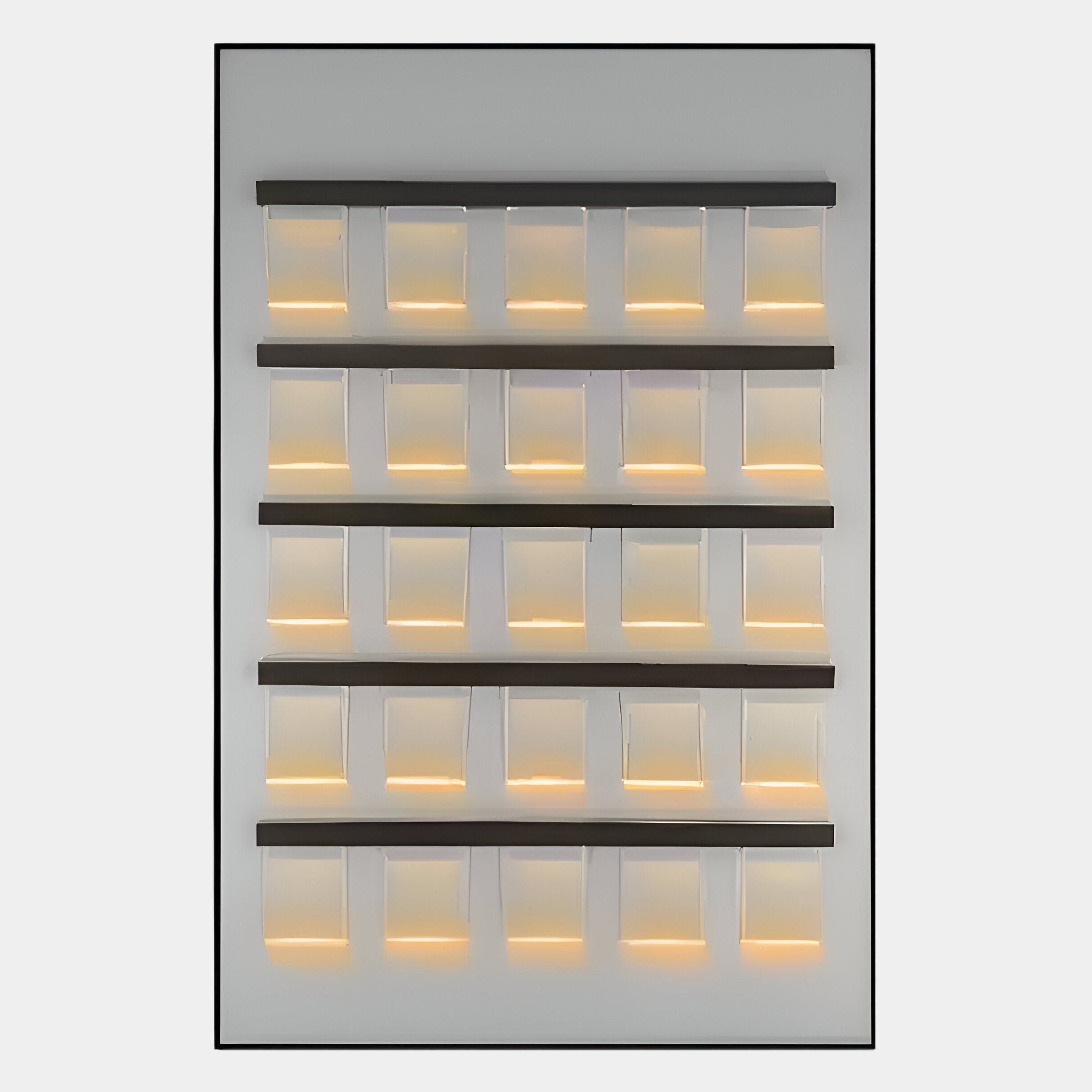 The Zenith White 3D Framed Acrylic LED Layered Illumination Wall Art by Giant Sculptures features four horizontal black bars with translucent vertical panels, radiating warm yellow LED light for a modern and elegant layered effect.