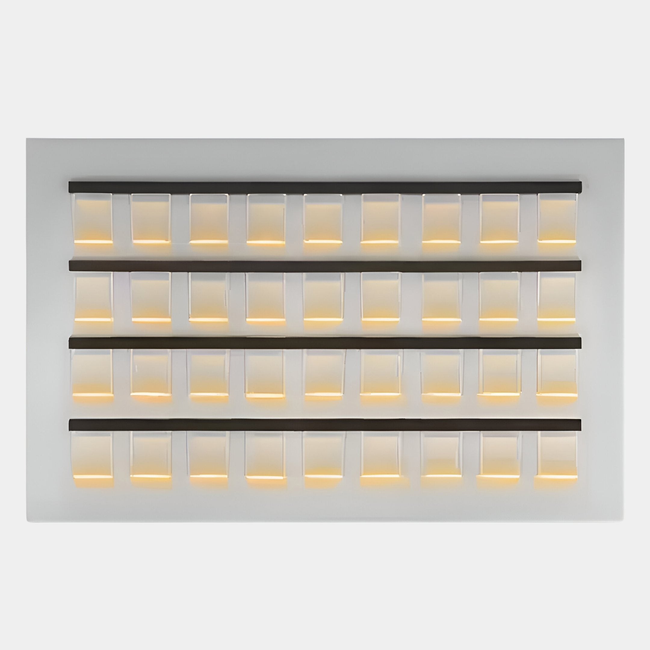 The Zenith White 3D Horizontal Acrylic LED Layered Wall Art by Giant Sculptures features five sleek black bars with frosted glass shades, casting a warm glow—ideal for adding ambient light to modern interiors. Shown on a plain white background.