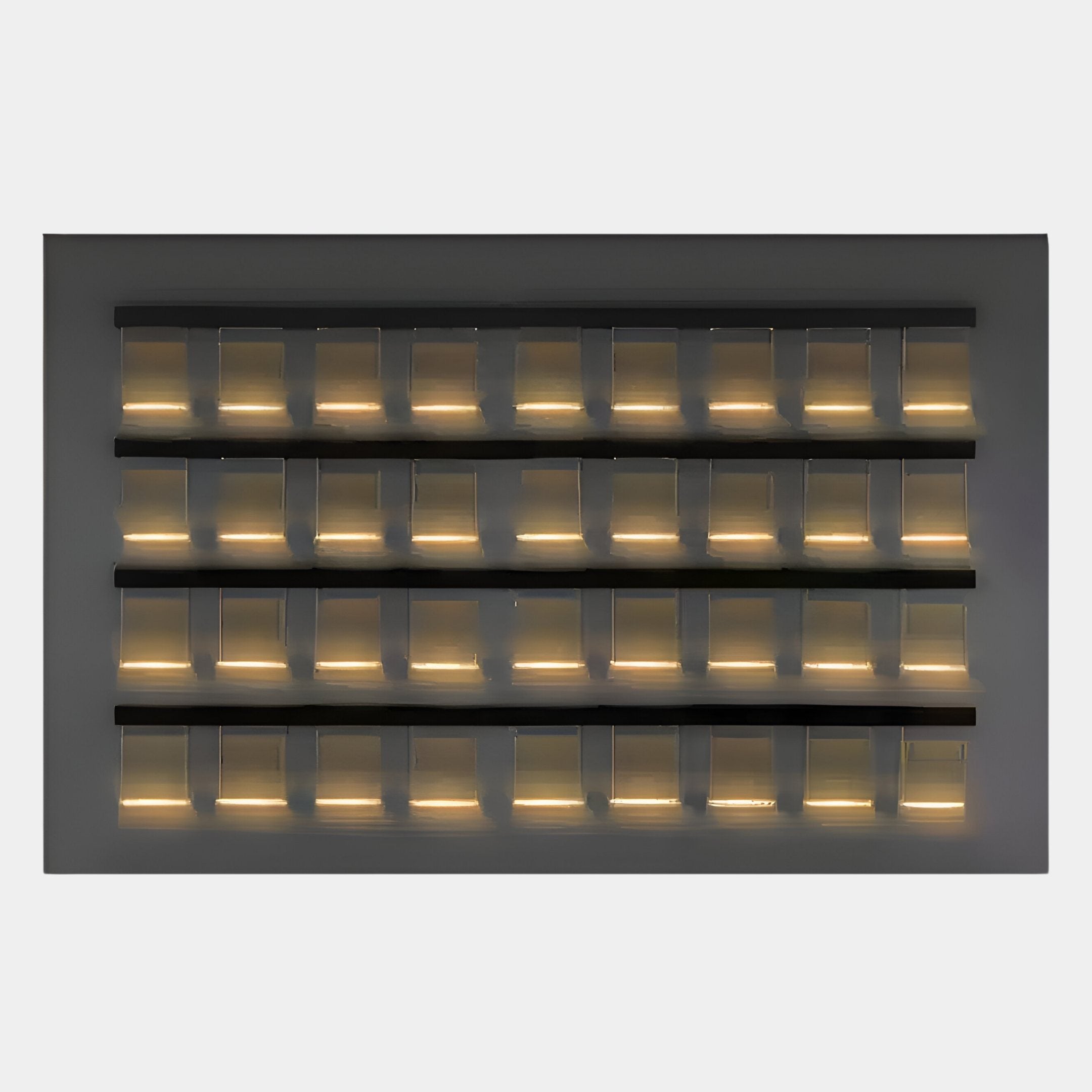 The Zenith Black 3D Horizontal Acrylic LED Layered Wall Art by Giant Sculptures features four horizontal rows of vertical slats, illuminated with warm yellow LEDs, creating a modern grid design against a dark backdrop.