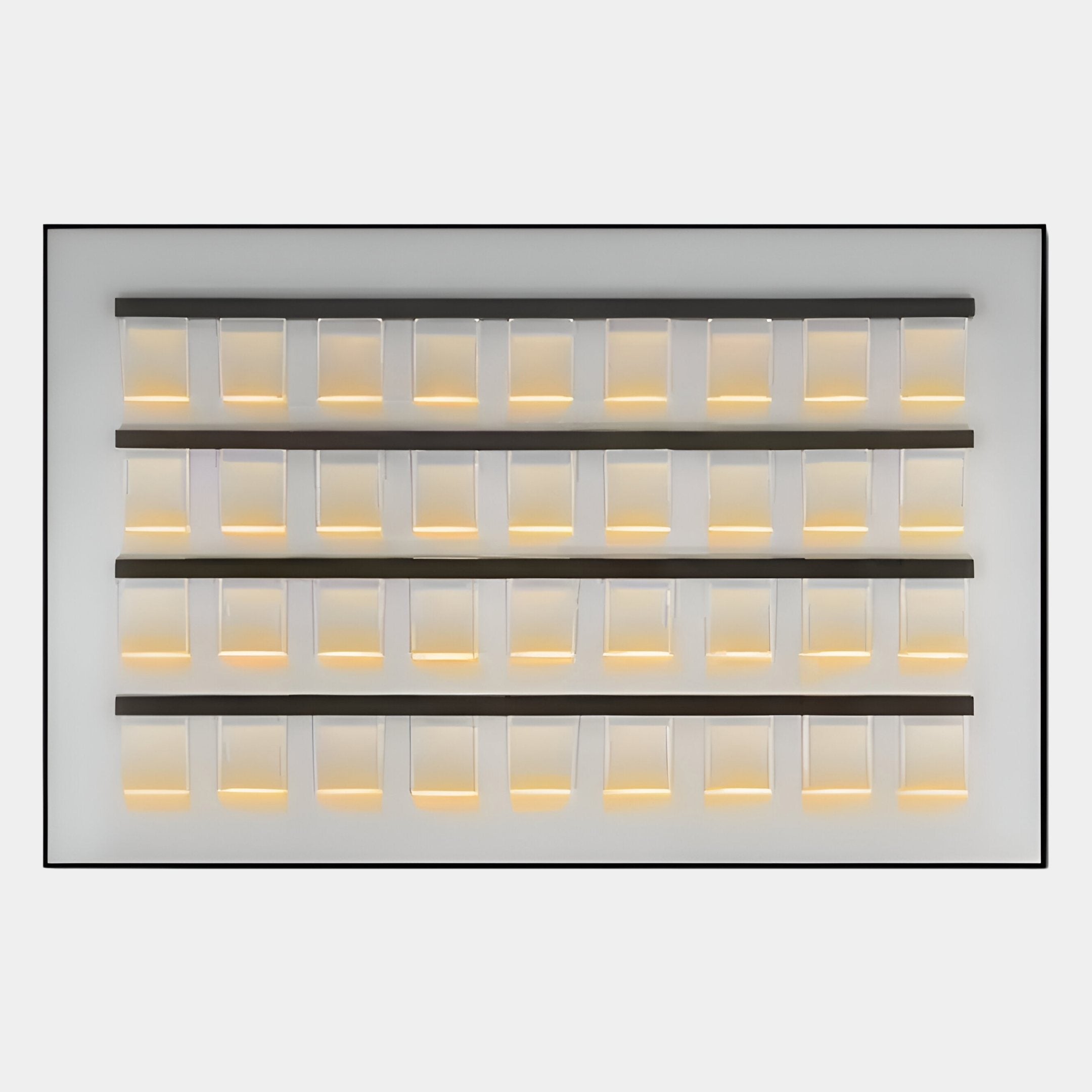 The Zenith White 3D Framed Horizontal Acrylic LED Layered Wall Art by Giant Sculptures features four rows of ten softly lit, square translucent panels in a grid pattern—perfect for adding a contemporary touch to any modern interior.