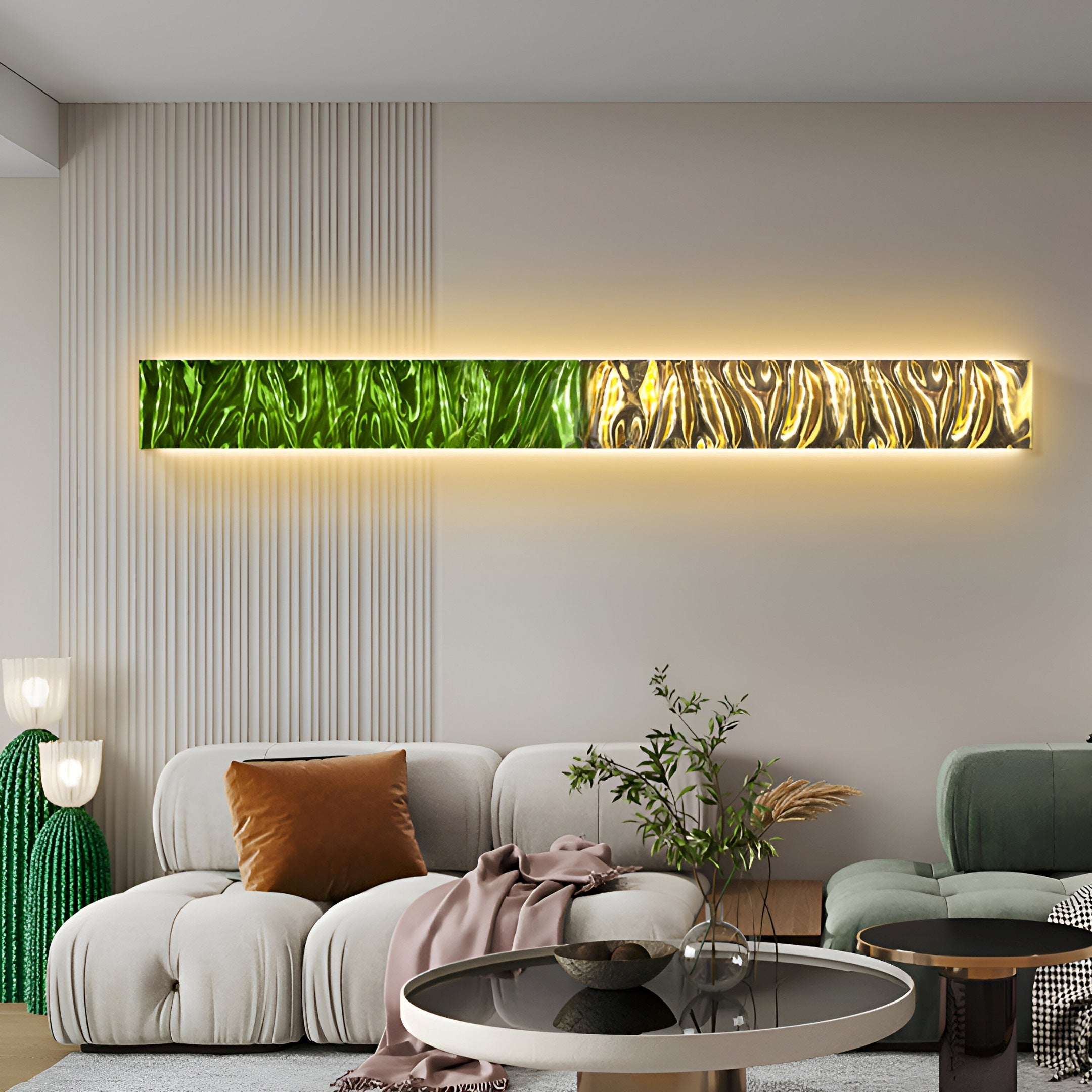 A modern living room features neutral-toned furniture with the Textura 3D Green and Gold Leather Design Wall Art by Giant Sculptures on a textured wall. A white sofa with orange and pink cushions, a small side table, and a potted plant complete the look.